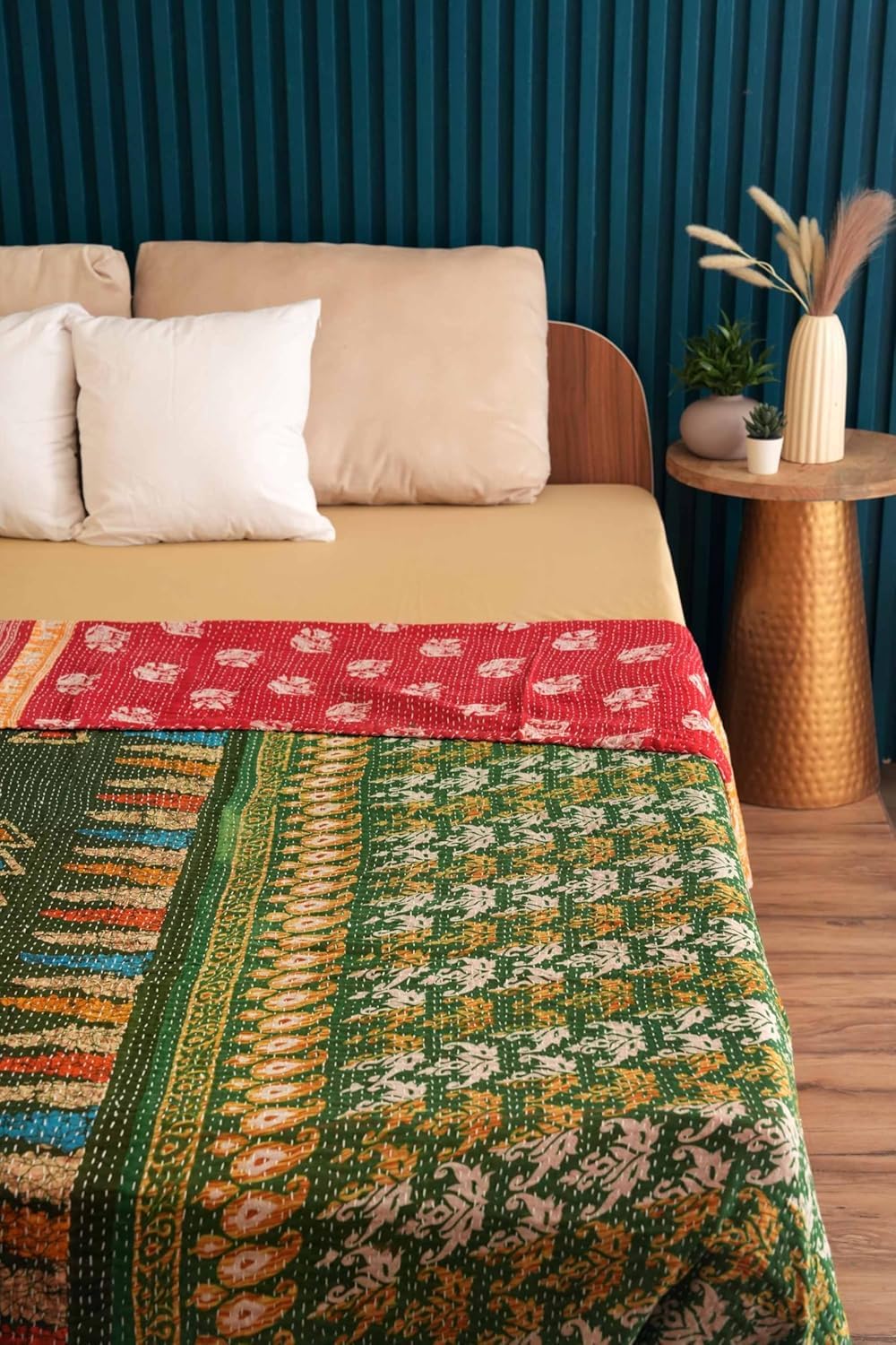 Handmade Cotton Vintage Kantha Quilt Boho Reversible one-of-a-Kind Kantha Throw Bedspread (Twin 90" x 60")
