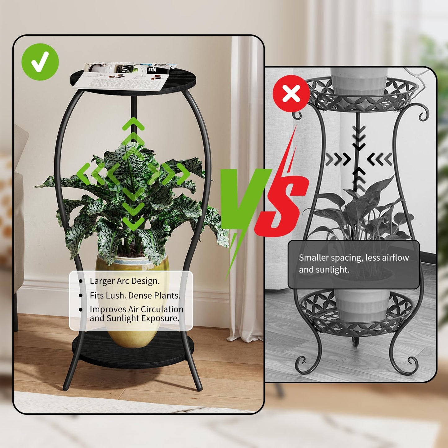 VYUOL Plant Stand Indoor, 2 Tier Round Tall Plant Stand, Flower Pot Stand, Plant Shelf Rack, Corner Plant Stand for Planter Garden Balcony Patio Living Room, Black