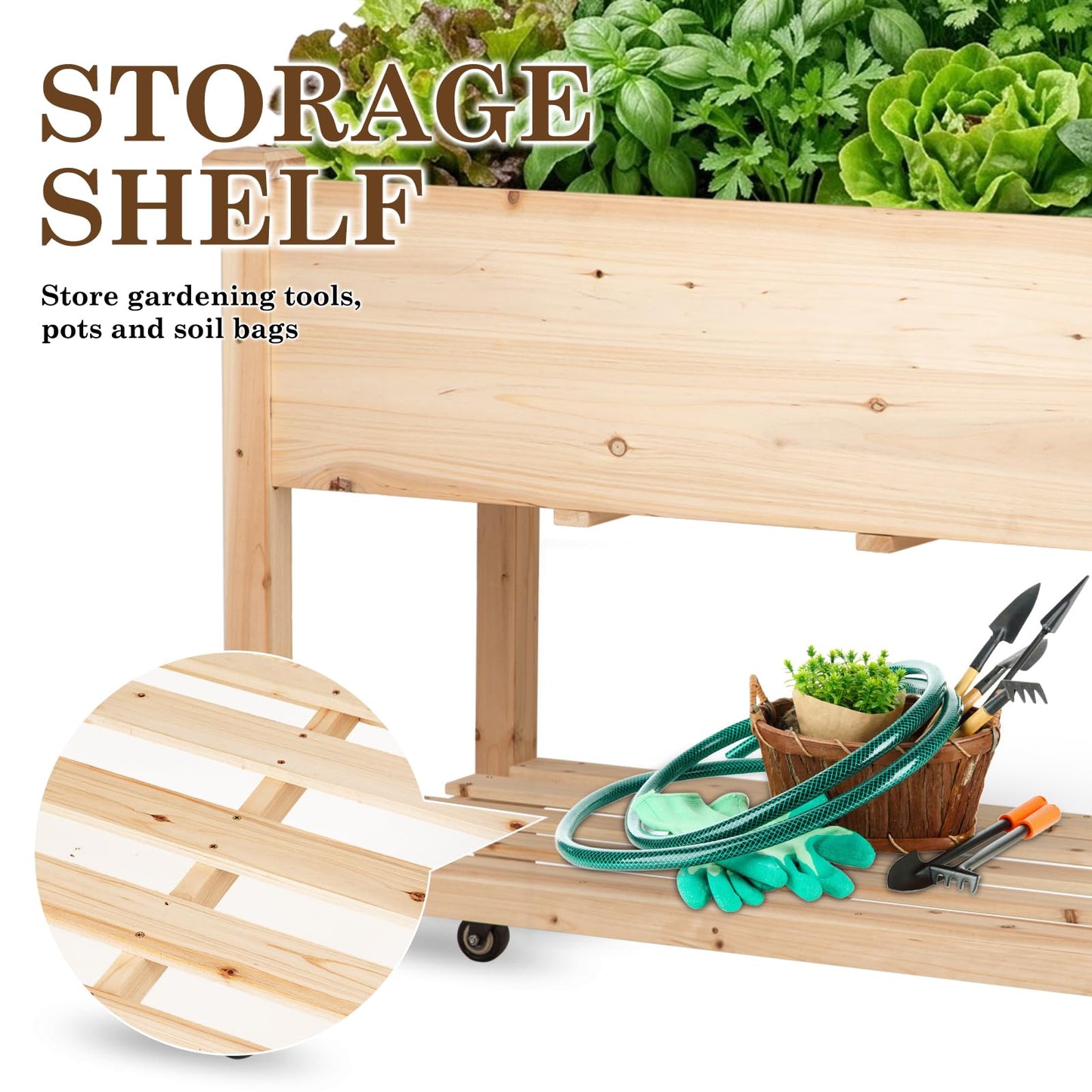 Nature Crafted Raised Garden Bed with Lockable Wheels, 40x24x32 inch Elevated Wood Planter with Storage Shelf Protective Liner for Vegetable Flower Herb Outdoor Balcony Patio Backyard, Natural