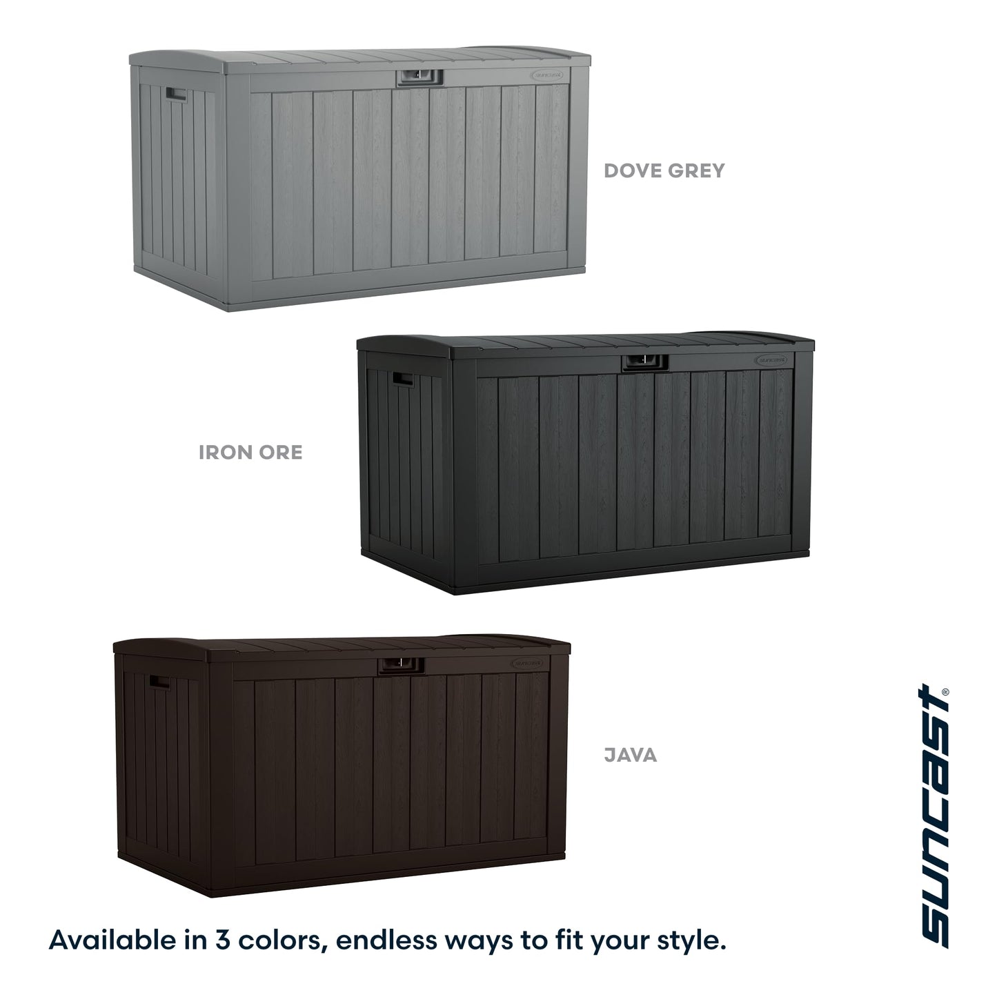 Suncast 134-Gal. Resin Extra-Large Outdoor Patio Deck Box with Pad-Lockable Lid, Modern Outdoor Patio Bench/Storage Box for Cushions, Garden Tools, and More, Iron Ore