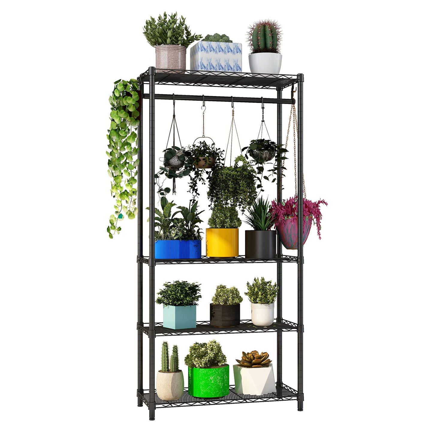 Xiofio Plant Shelf for Indoor Plants Outdoor,Metal Plant Stand,Tier Plant Stand,Adjustable Plant Shelves with Hanging Rod for Bedroom Living Room Balcony Garden,Black