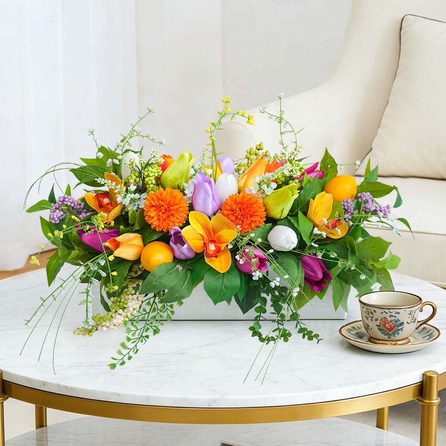 Artificial Tulip & Dahlia Table Centerpiece Lifelike Faux Flowers with Decorative Lemons & Greenery, Spring & Summer Tabletop Decor for Dining Room, Kitchen Island, Coffee Table, Weddings & Home