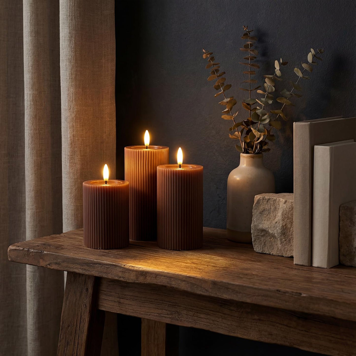 WYZworks Fluted Ribbed LED Pillar Candles, Brown, with Realistic Reflective Melted-Wax Effect – Flickering Flame, Remote, Dimmable, Flameless, Battery Operated, Home & Wedding Decor (Set of 3)