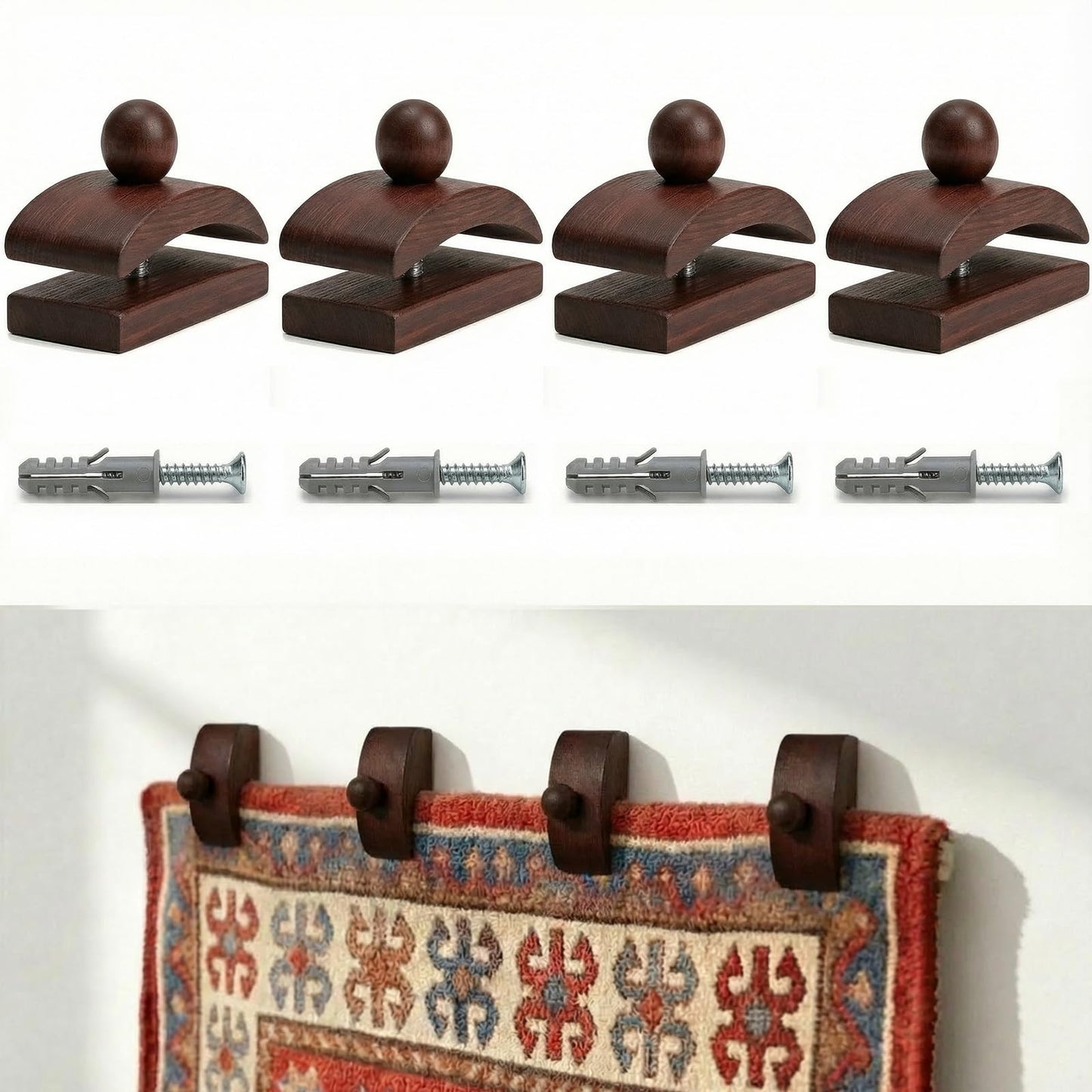 Walnut Adjustable Large Quilt Hanger for wall for Display,Wooden Heavy Duty wall Hanger Clips for Tapestry,Rug,Carpet and Duvet Covers,Poster Frame Nails and Hanging kit (Mid-Century Curved Clip)