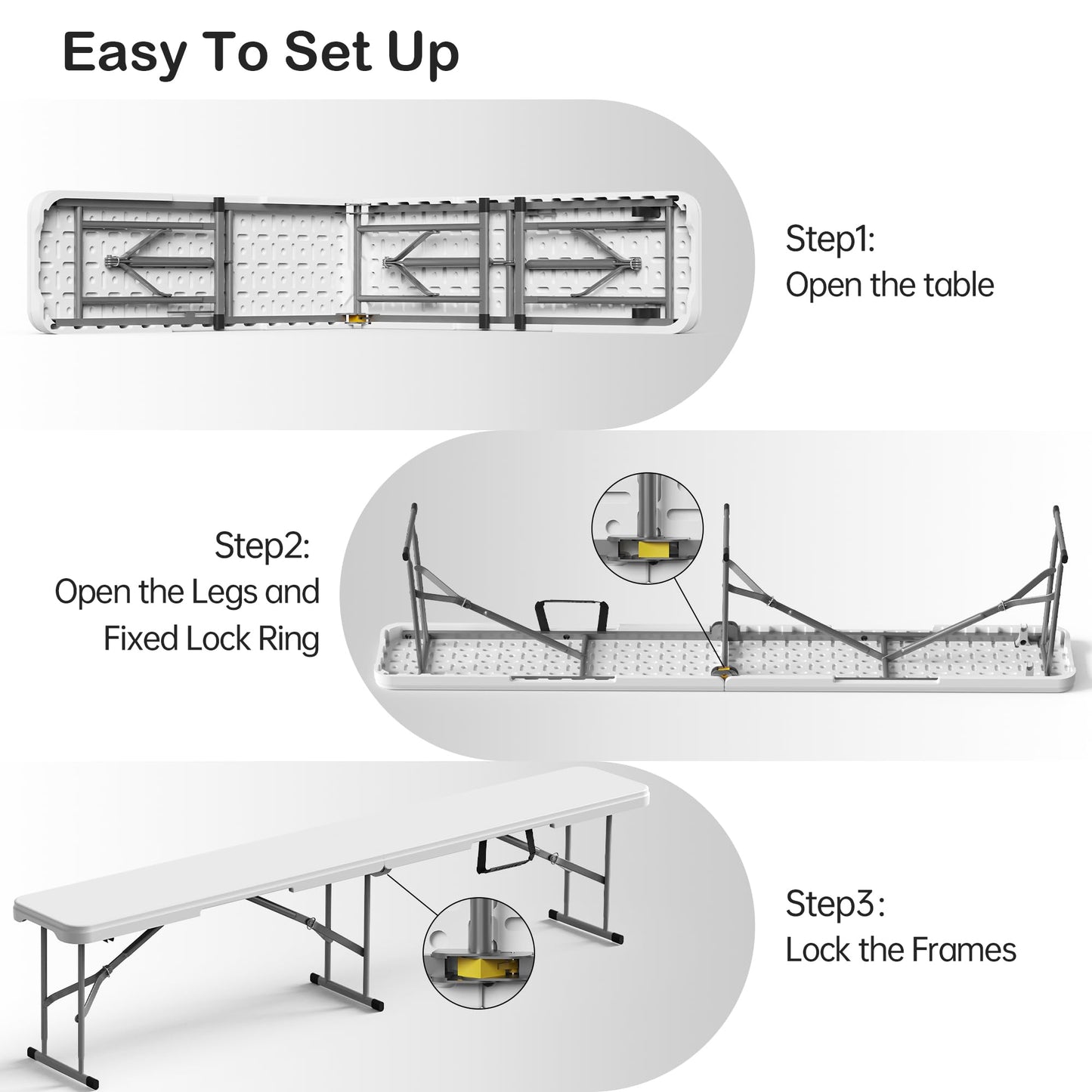 VSOAEIL 6 Foot Folding Bench, Portable Plastic Folding Bench Seat, Foldable Seat for Indoor Outdoor Picnic Camping Dining, Soccer Garden Multipurpose Entertaining Activities, White, 2 Pack