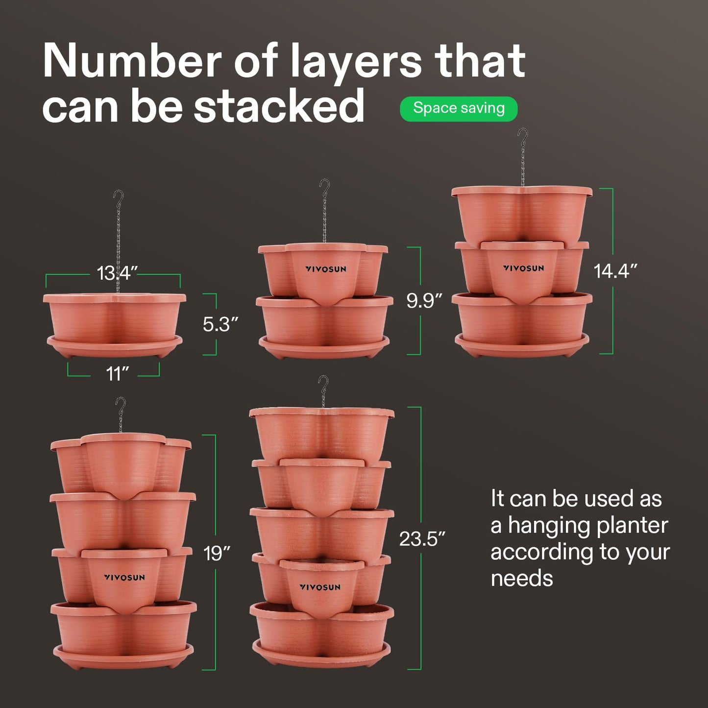 VIVOSUN 5 Tier Vertical Gardening Stackable Planter for Strawberries, Flowers, Herbs, Vegetables, Brown