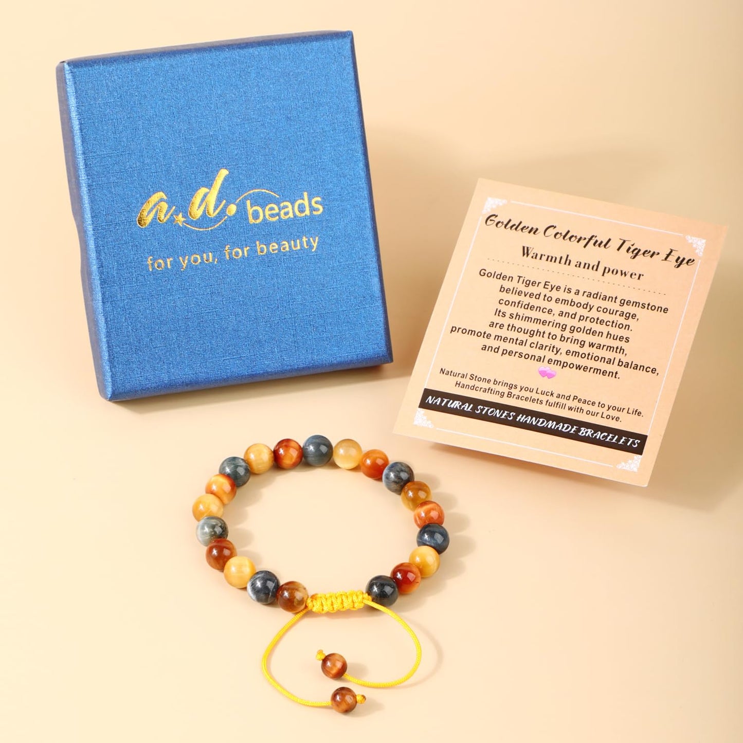 AD Beads 8mm Golden Colorful Tiger Eye - Warmth and power - Handmade Natural Stone Crystal Bracelet with Adjustable Macrame String - Yoga Healing Power Energy Gifts for Men and Women