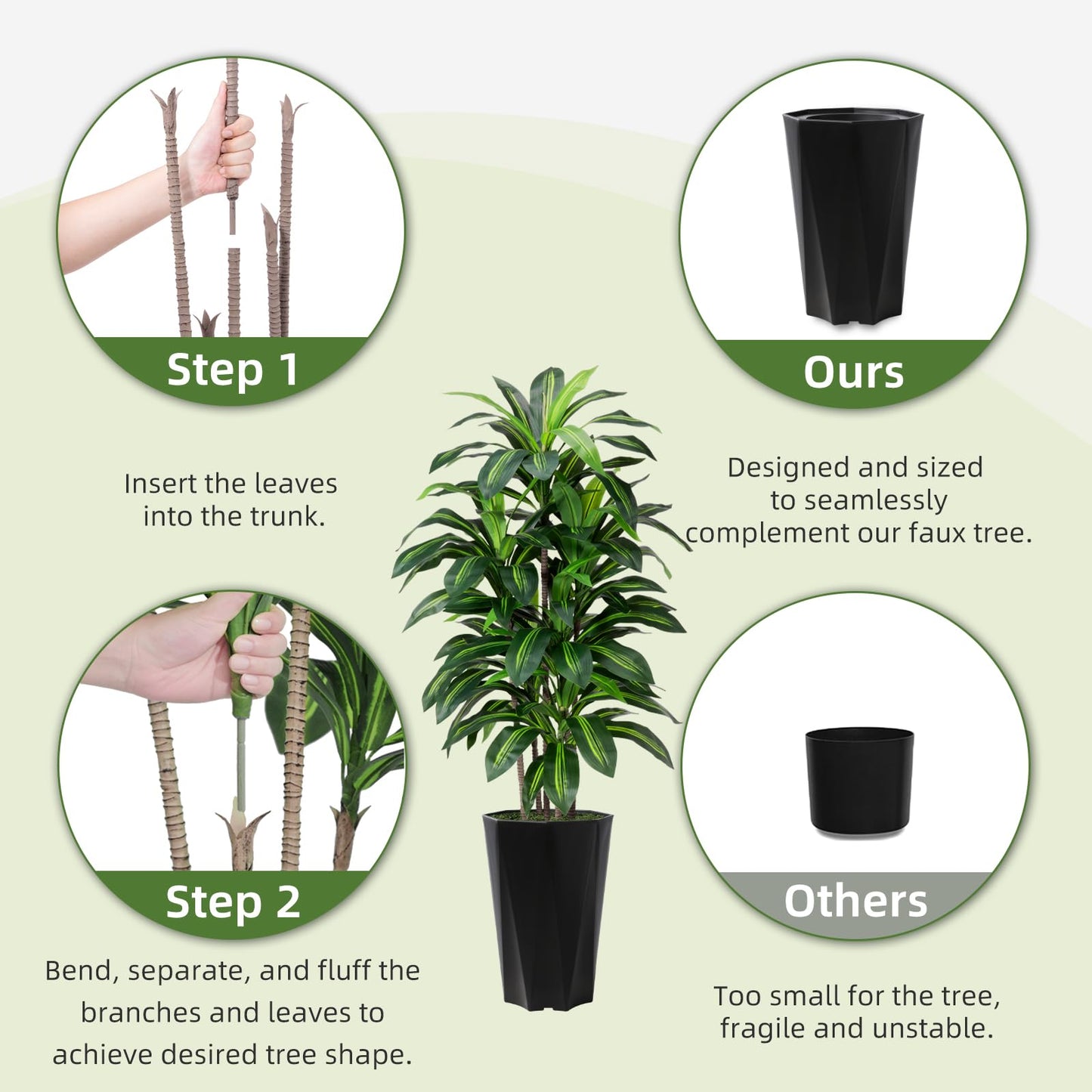 Artificial Dracaena Tree 5FT - Faux Plant with Black Diamond Planter - Tall Fake Tropical Yucca Floor Plant Potted - Artificial Silk Tree for Home Office Living Room Decor Indoor