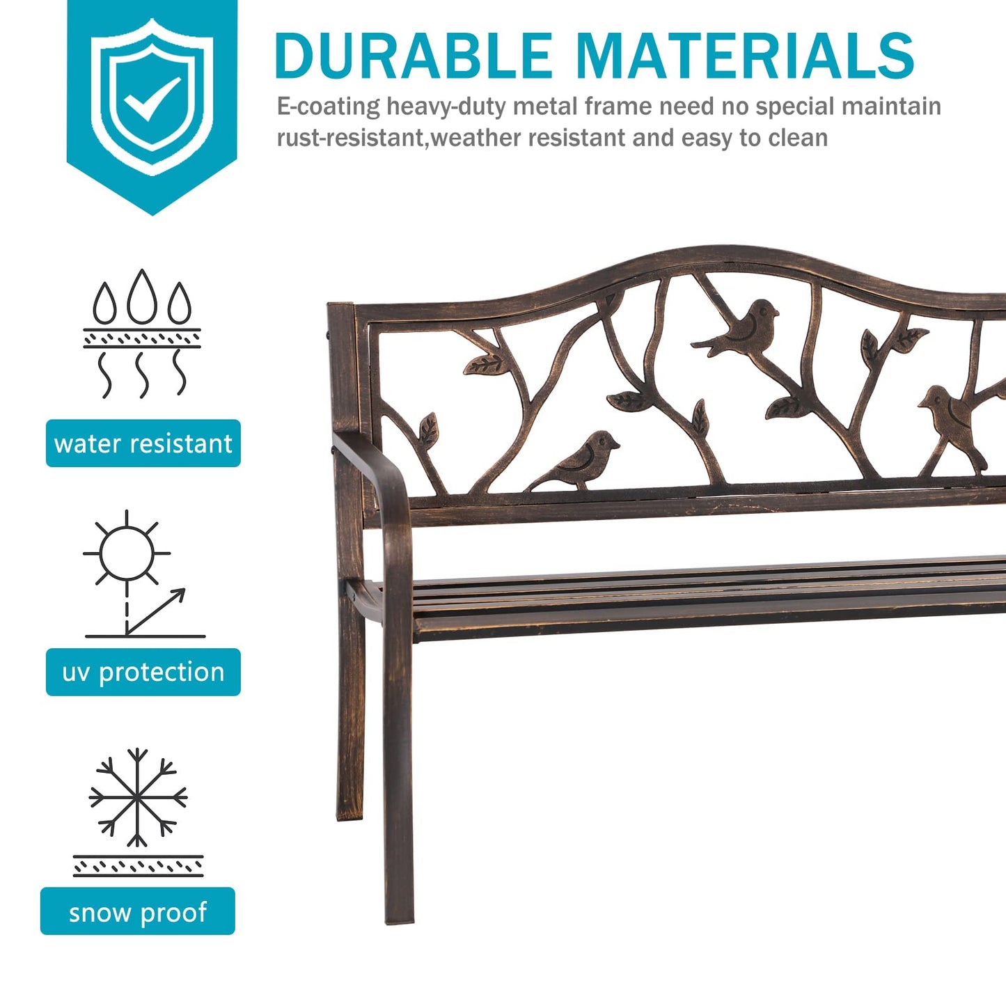 MFSTUDIO 50" Outdoor Garden Bench, Patio Metal Frame Park Bench with Bird Pattern Backrest for Porch, Lawn, Deck(Bronze)