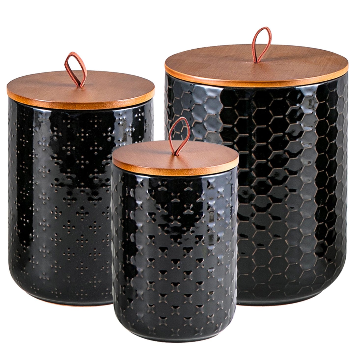 JOJUNO Black Ceramic Canister Set with Wooden Lids – 3-Piece Airtight Food Storage Jars for Kitchen, Embossed Design, Small/Medium/Large Sizes (30/48/82 oz) – Flour, Sugar, Coffee, Tea Containers