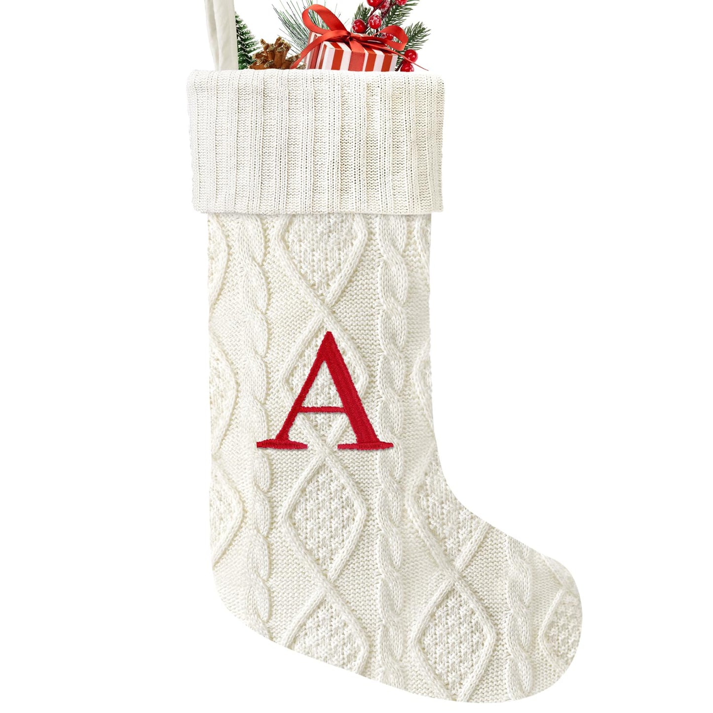 Yoochee 21 Inches Knitted Christmas Stockings with Initials, Large White Custom Monogram Embroidery Christmas Stockings with Letter, Personalized Xmas Decoration for Holiday Family Party-A