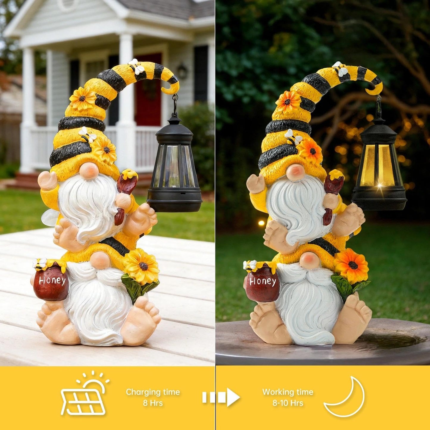 QZZP Solar Bee Garden Gnomes with LED Lantern – Waterproof Stacked Outdoor Decor for Yard, Patio – Unique Gnome Gift for Women, Mom, Grandma (Weatherproof Resin, Outdoor Statues)