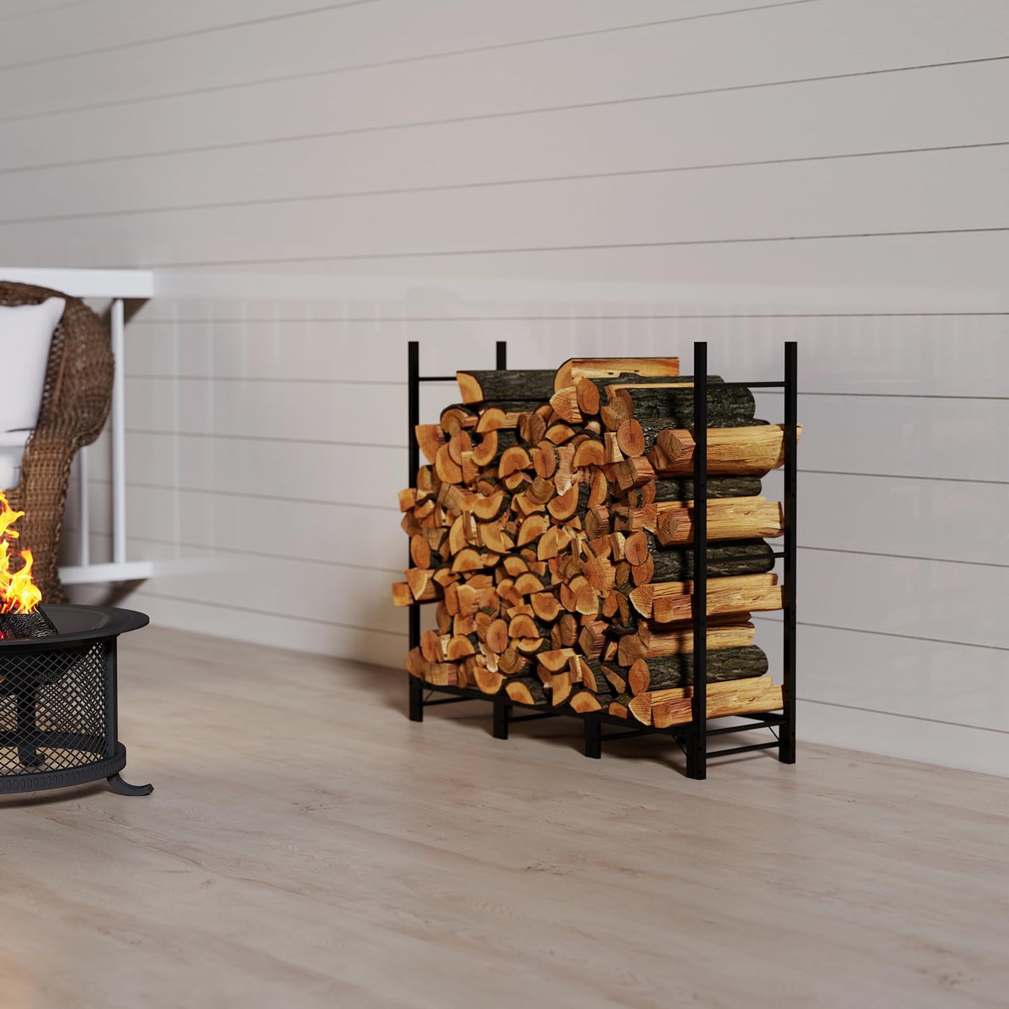 C-Hopetree 4Ft Outdoor Indoor Firewood Rack, Adjustable Metal Log Holder for Fireplace, Heavy Duty Wood Pile Storage Organizer Stacker Stand, Black