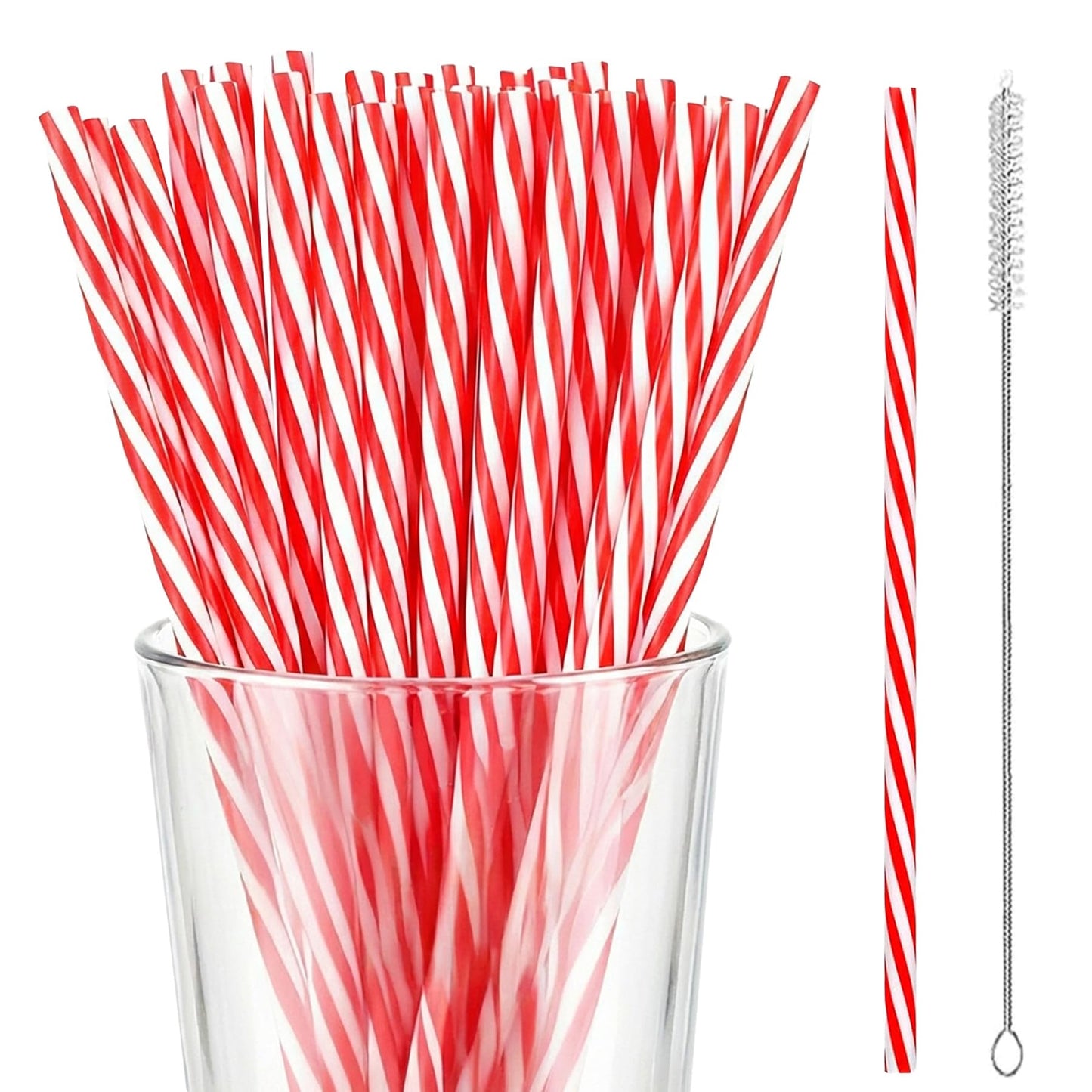 50 PCS-Christmas-Valentine’s-Party-Decoration-Supplies-Straws - Reusable Red and White Striped Straw，9 Inch Hard Plastic Drinking Straws for Holiday Decor Wedding Valentine’s Day Easter Party Favors