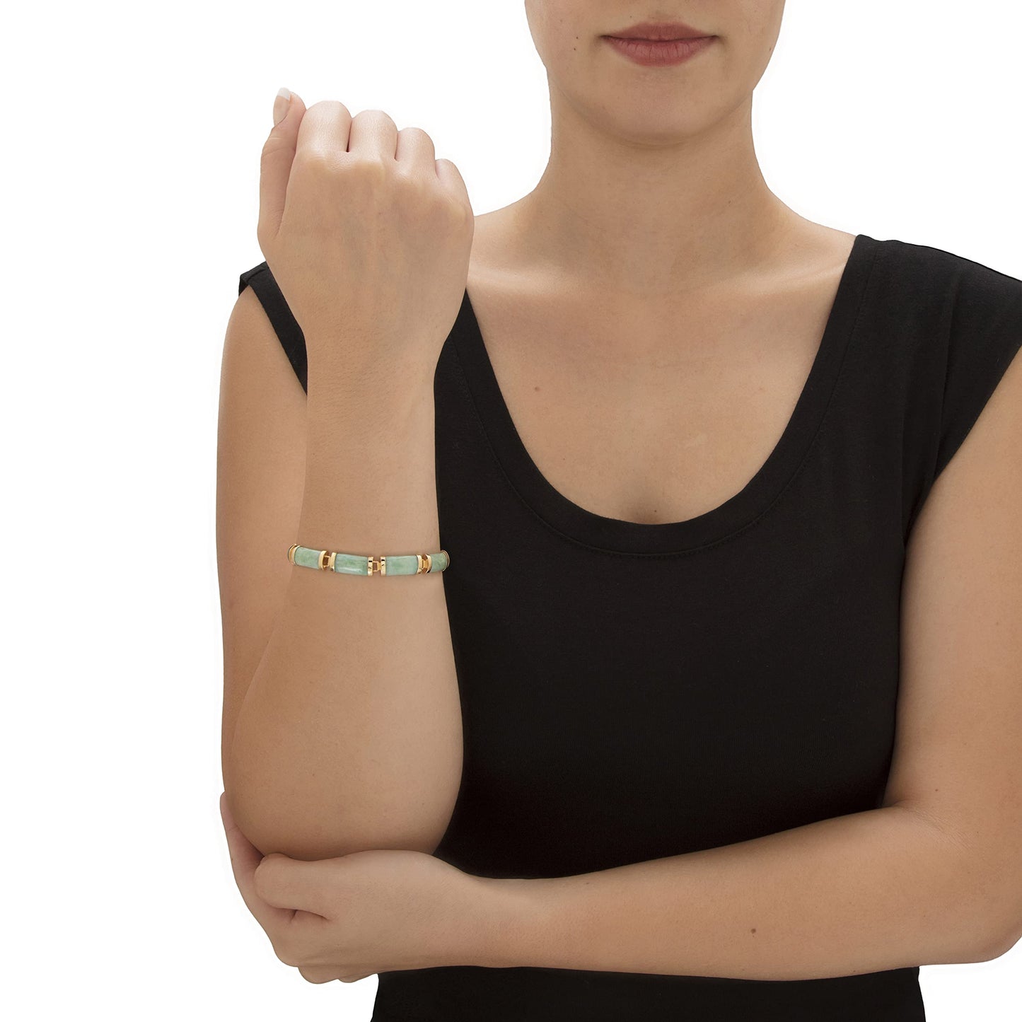 Palm Beach Jewelry PalmBeach Yellow Gold-plated Genuine Green Jade, Barrel Bead Link Bracelet (8mm), Box Clasp, 7.5 inches