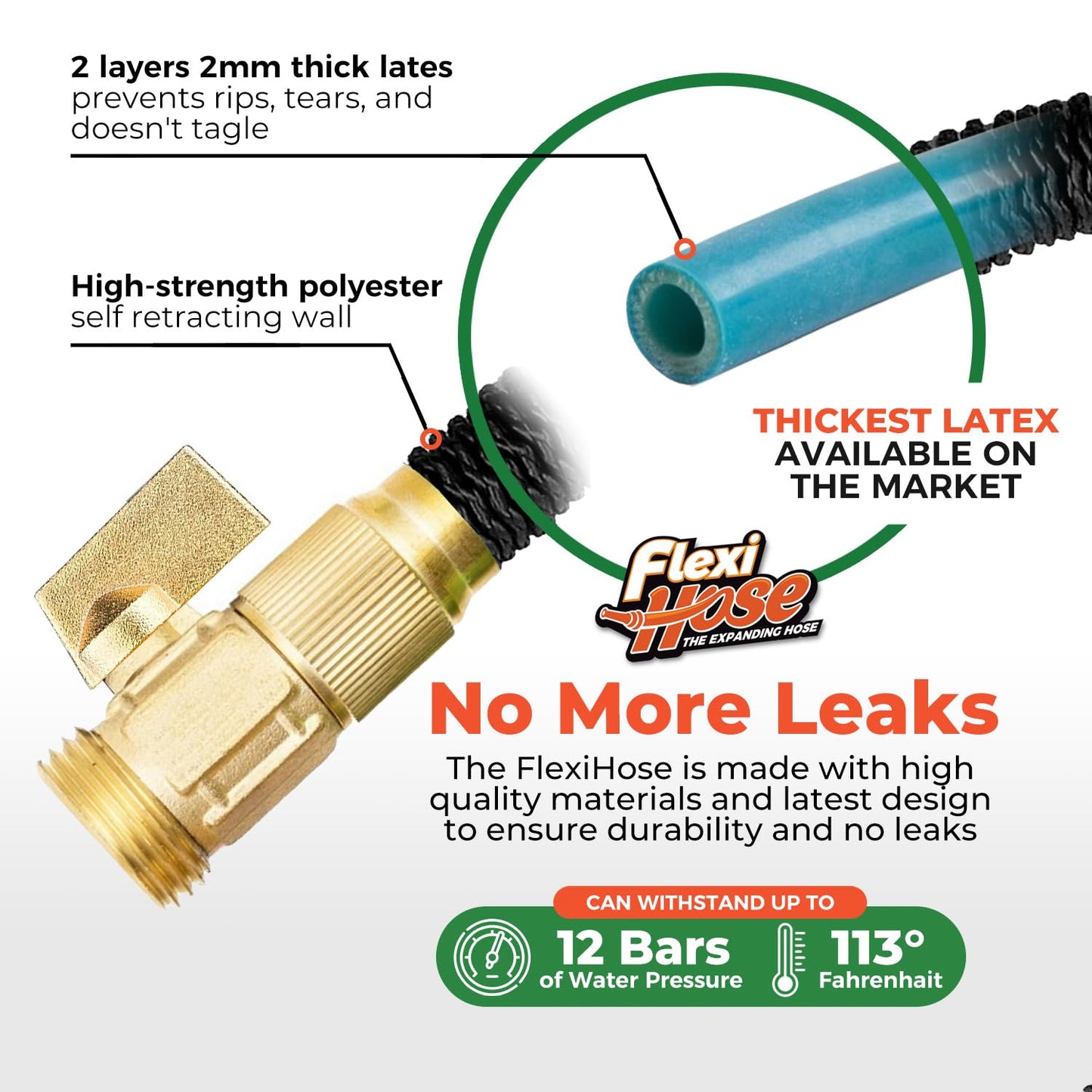 Flexi Hose Lightweight Expandable Garden Hose, 100FT -Retractable Garden Hose, Water Hose - No-Kink Flexibility, 3/4 Inch Solid Brass Fittings and Double Latex Core