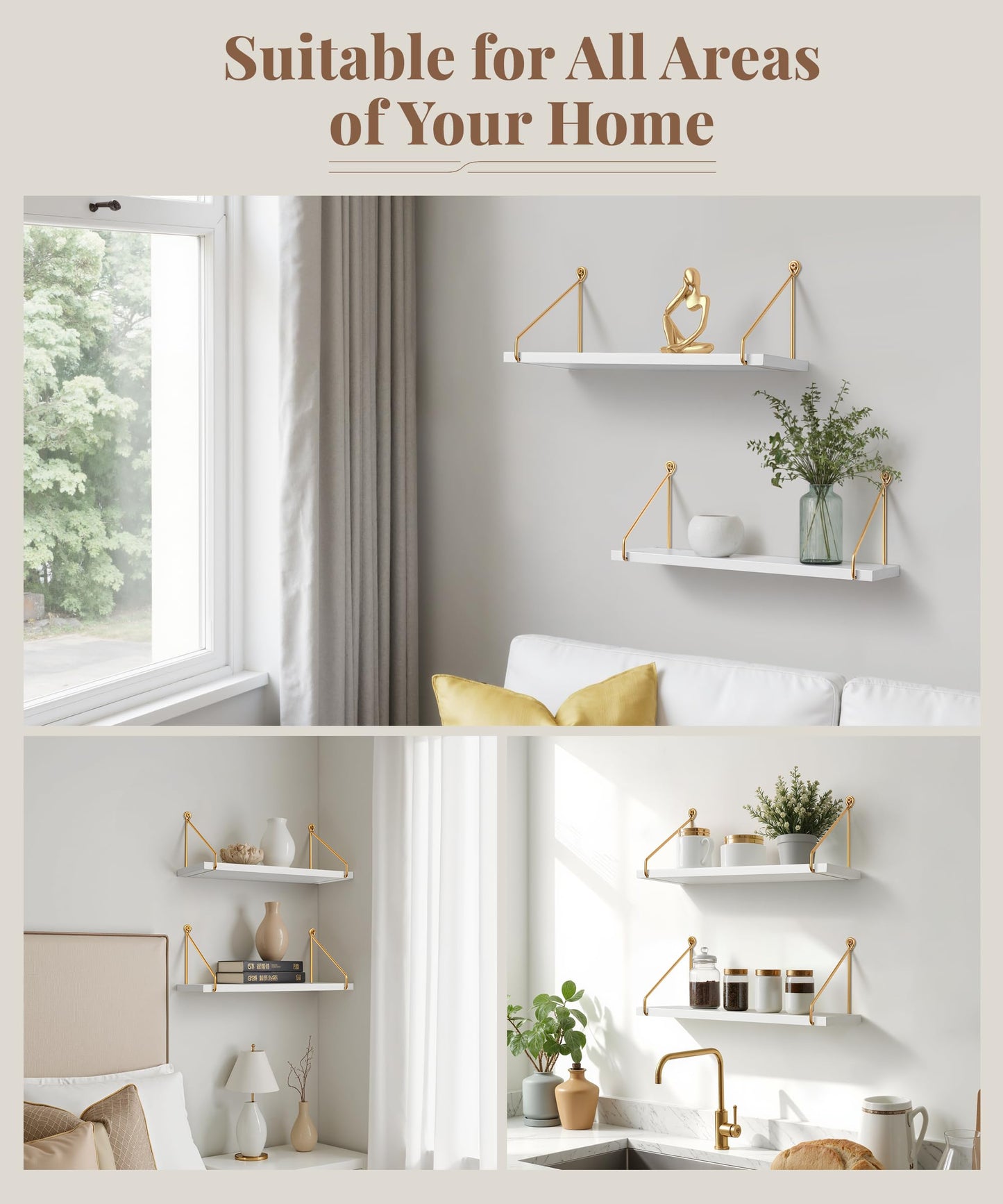 Afuly Floating Shelves for Wall, Metallic Gold White Wall Mounted Shelves, Shelves for Bathroom Kitchen Bedroom Solid Wood Metal Chic Bookshelf, Set of 2