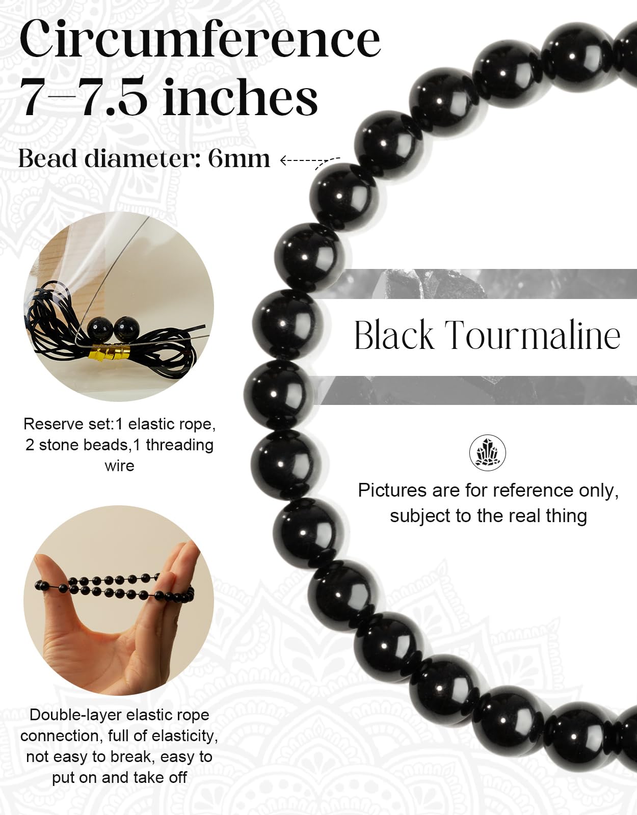 Landorilo Beaded Bracelet for Men Women, 6mm Natural Stone Black Tourmaline Healing Crystal Stretch Bracelets, Ideal Christmas Birthday Jewelry Gifts with Energy Card，Replacement Beads Included