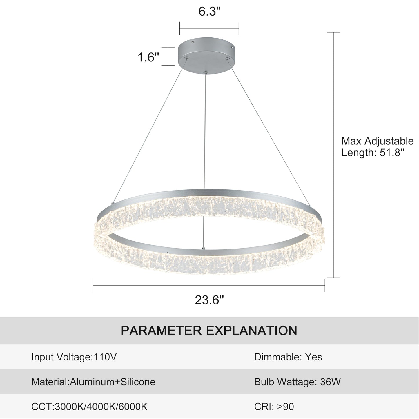 MADEM Modern Silver Led Pendant Light,36W Dimmable LED Chandelier Lighting Fixture, 1 Ring Circular Hanging Led Pendant Lighting for Living Room Dining Room Kitchen Island Foyer Office