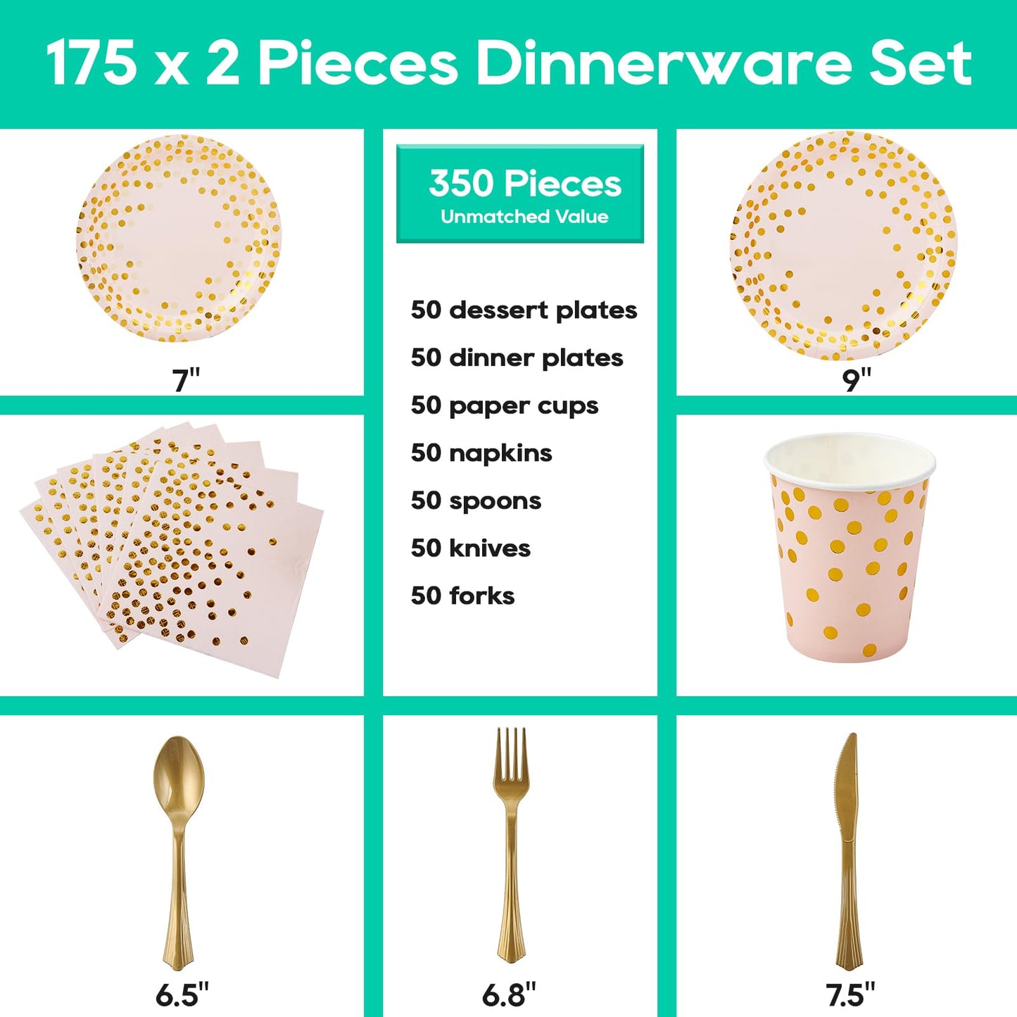 Pink and Gold Party Supplies - 350 PCS Disposable Dinnerware Set - Pink Paper Plates Napkins Cups, Gold Plastic Forks Knives Spoon for Graduation, Birthday, Thanksgiving, Cocktail Party