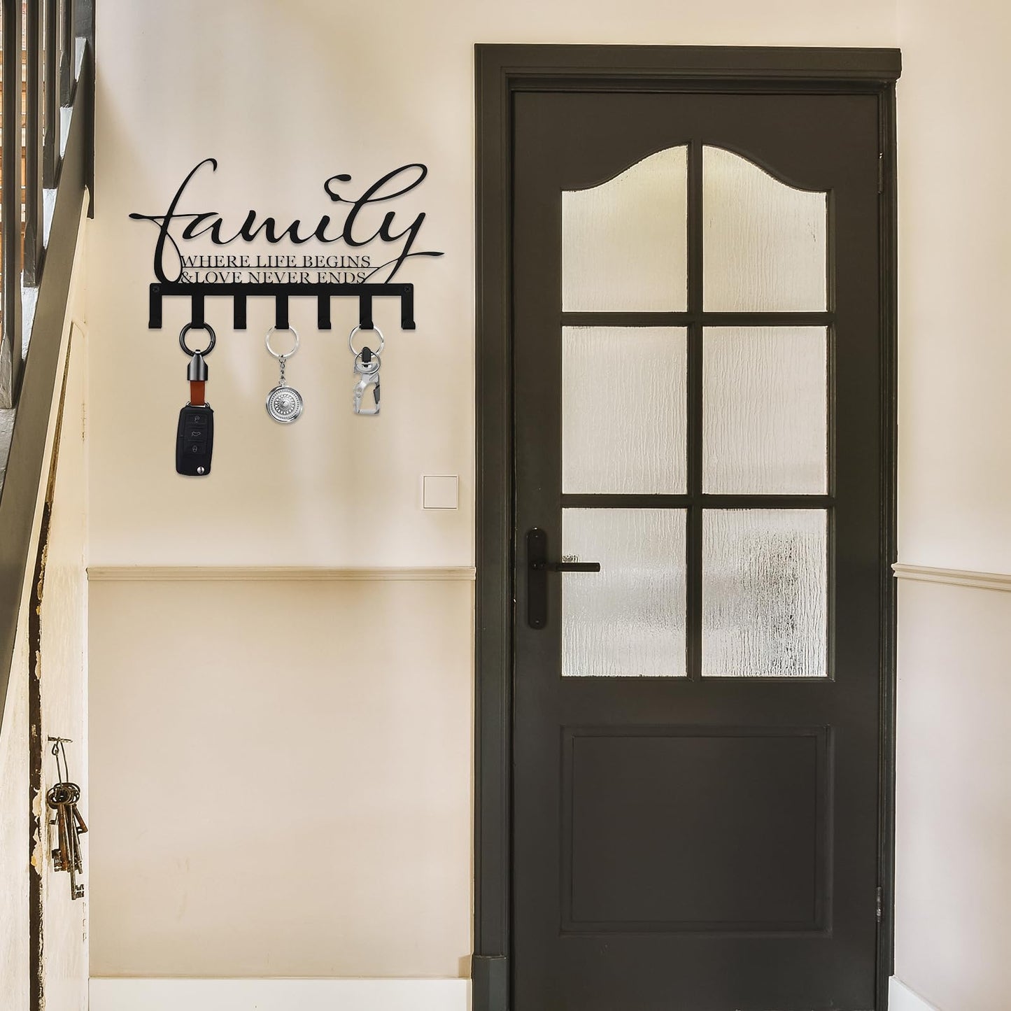 Hicarer Family Key Holder Metal Hooks Decorative Hanger Black Rack Wall Mount Organizer with Screws and Anchors for Keys Hat Kitchen Entryway Front Door Home Decor