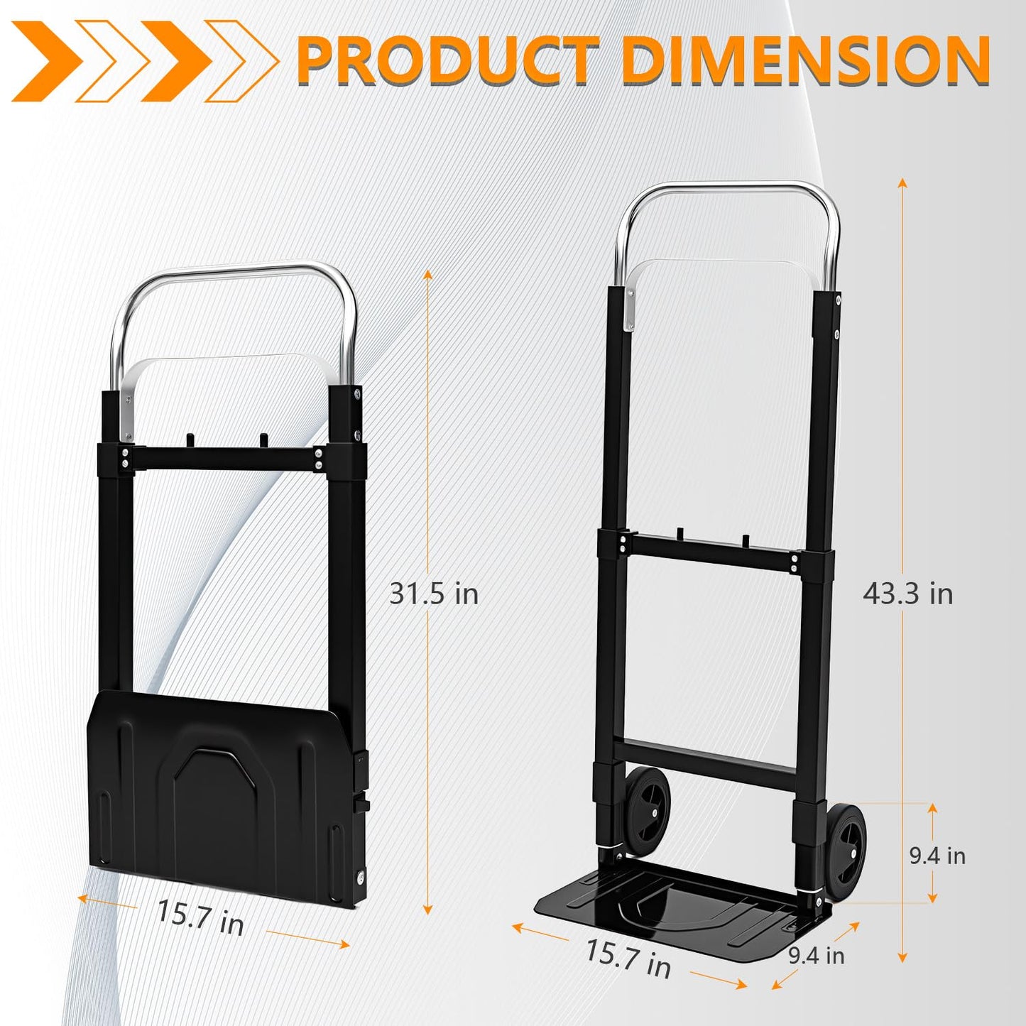 SST Folding Hand Truck with Wheels, 200 LB Capacity Portable Dolly Cart, Utility Cart with Adjustable Handle, Collapsible Dolly for Moving Travel Shopping Airport Office