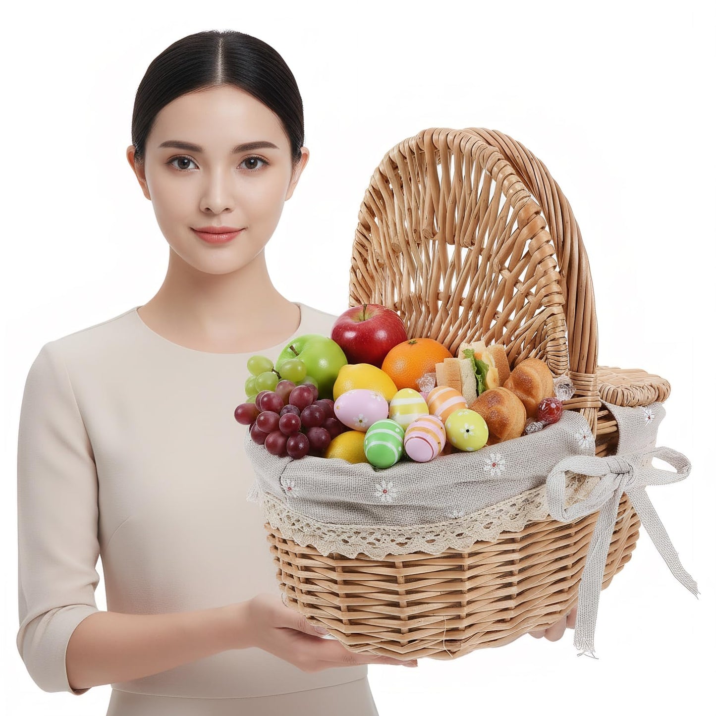 Wicker Picnic Basket with Lid and Handle: Small Hand Woven Rattan Tote Basket Food Hamper Gift for Wedding Easter Outdoor Beach Picnic Camping