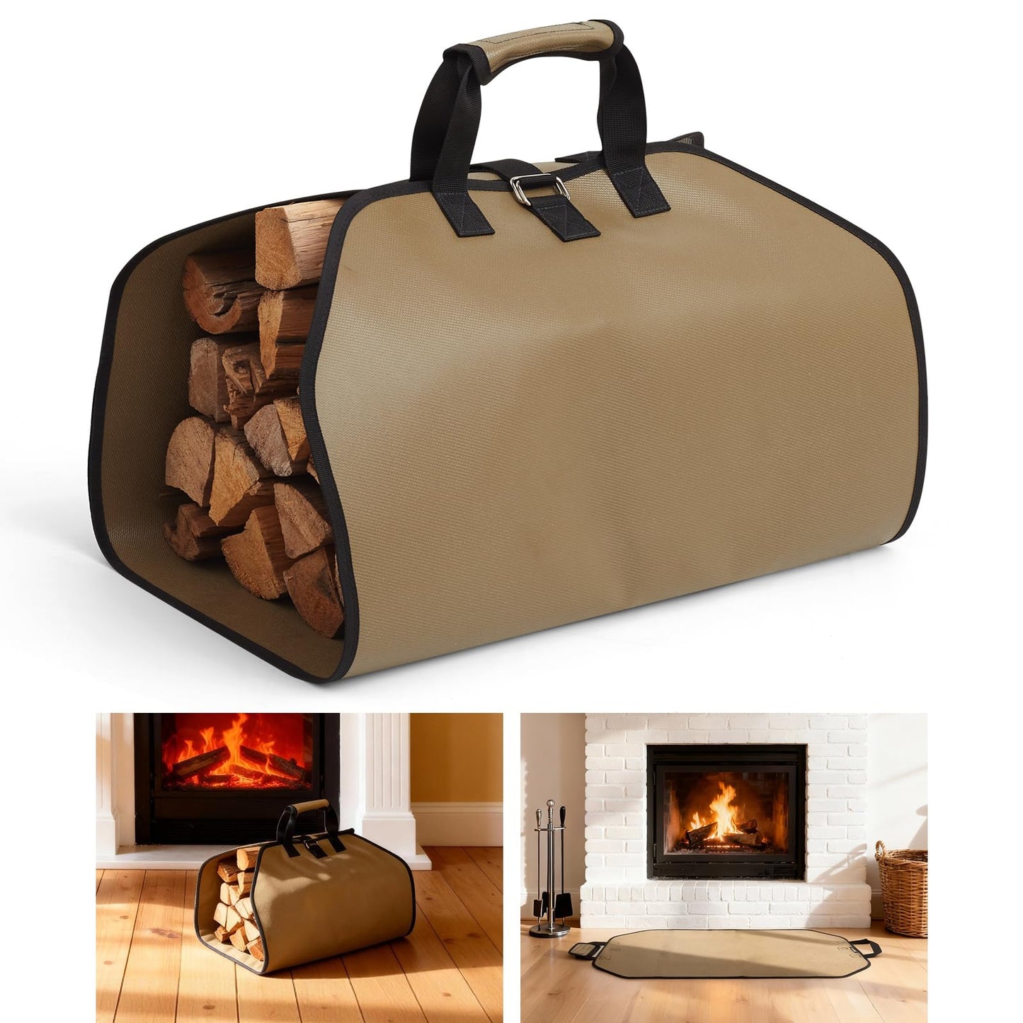 PAWBOSE Fireproof Fireplace Mat Hearth Rug and Firewood Carrier Firewood Bag, Great Gift for Cabin, Large Fire Wood Sling Carrier with Handles, Protect Floors Carpets from Sparks Embers-Tan