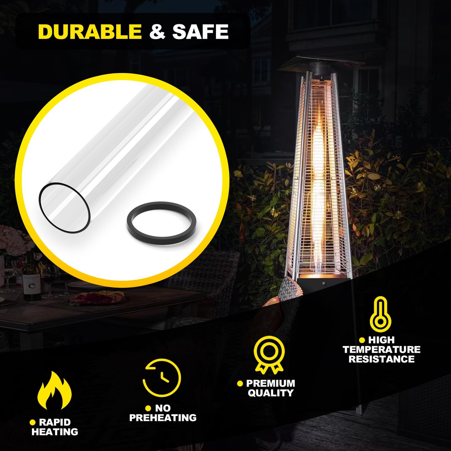 Patio Heater Glass Tube Replacement with Rubber Ring, 49.5″ Tall 4″ Diameter, Quartz Glass Tube Fit Four-Sided Pyramid Flame Outdoor Heaters Compatible with Hiland, Fire Sense