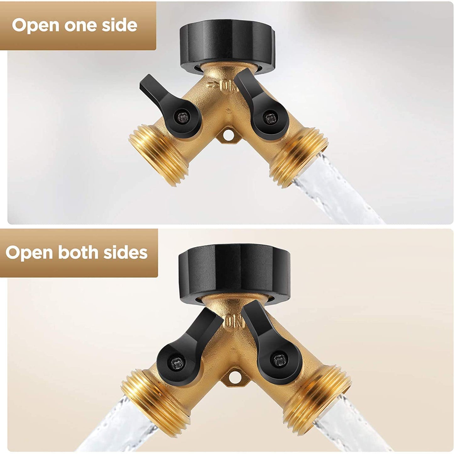 IPOW Brass Heavy Duty 2 Way Y Valve Garden Hose Splitter Adapter High Flow Spigot Splitter + 6 Rubber Hose Washers with Comfort Grip Use