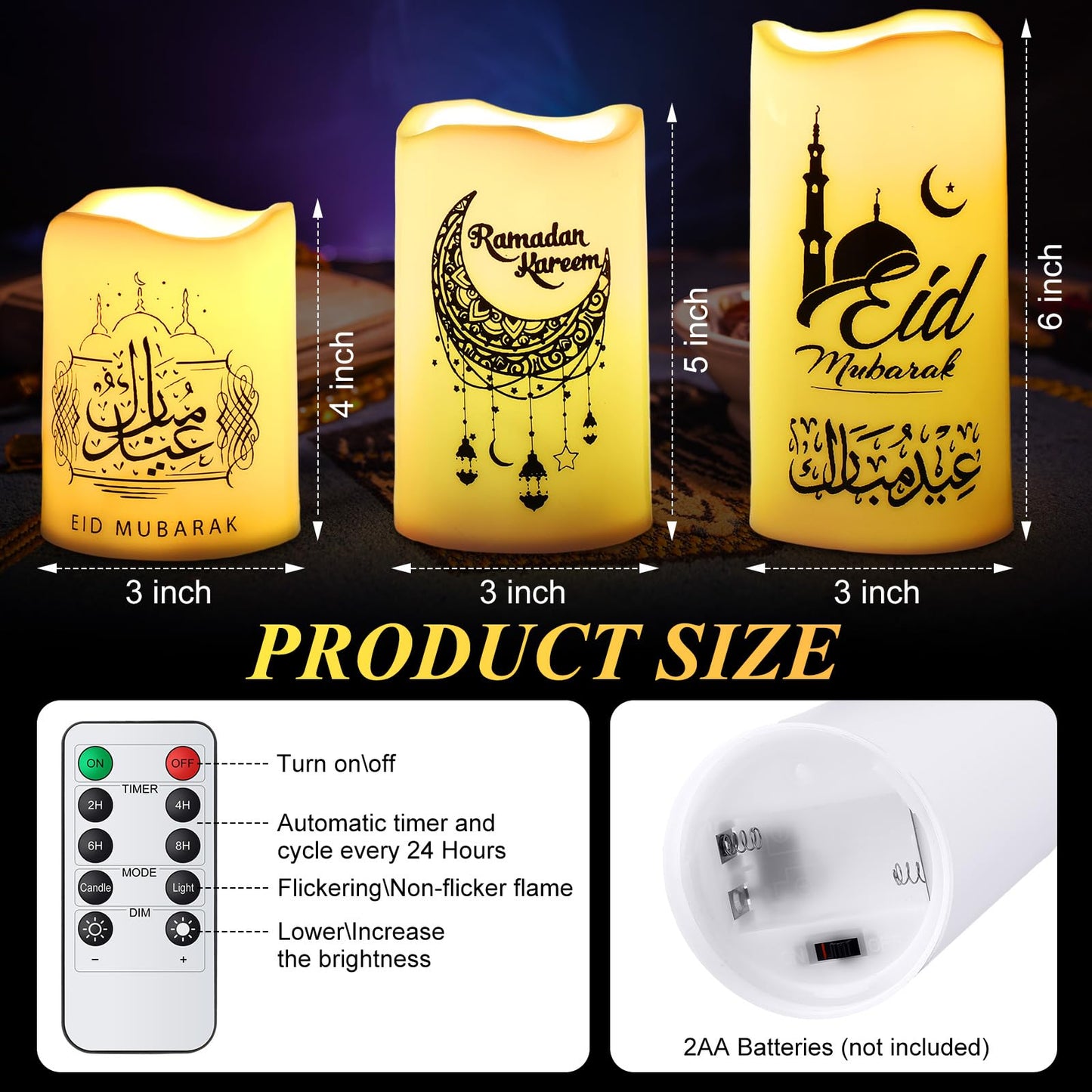 Tujoe 3 Pcs Eid Mubarak Flickering Flameless Candles Ramadan Decor Eid Mubarak LED Battery Operated Candles Candle Lights for Muslim Eid Ramadan Decor for Home(Moon)