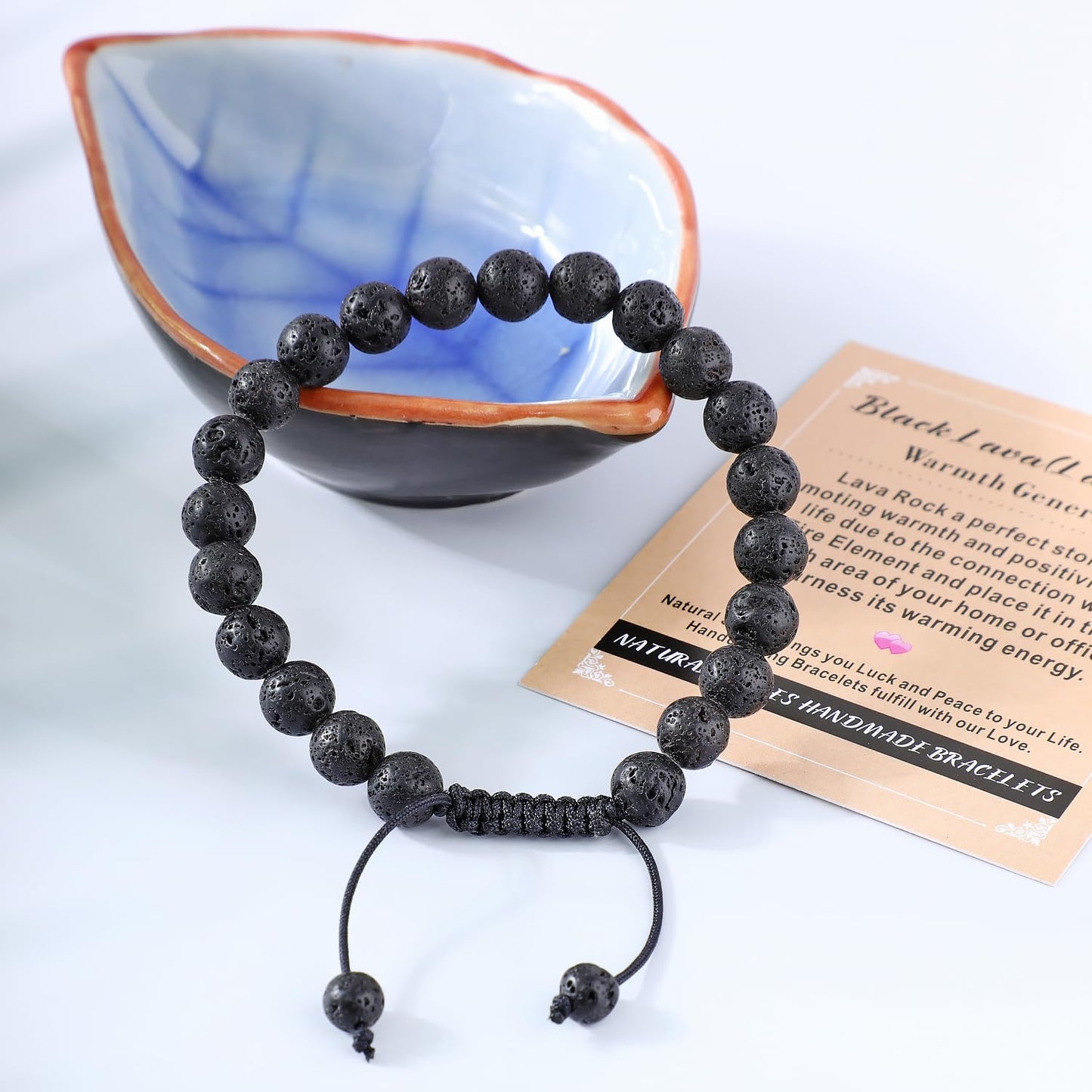 AD Beads 8mm Black Lava - Warmth Generator - Handmade Natural Stone Crystal Bracelet with Adjustable Macrame String - Yoga Healing Power Energy Gifts for Men and Women