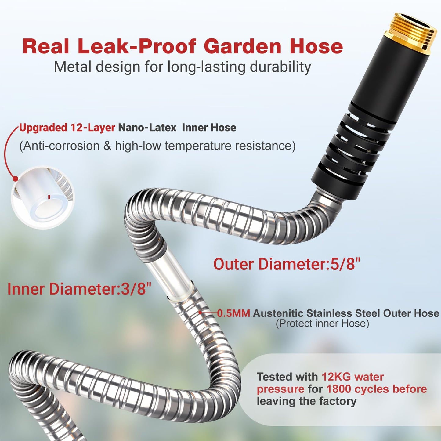 Lefree 100ft Metal Garden Hose - Heavy Duty 304 Stainless Steel Flexible Water Hose, No Kinks & Leak-Proof with Upgraded Handle, 10-Function Spray Nozzle & 4 Spare Gaskets for Yard, RV, Pet Bath