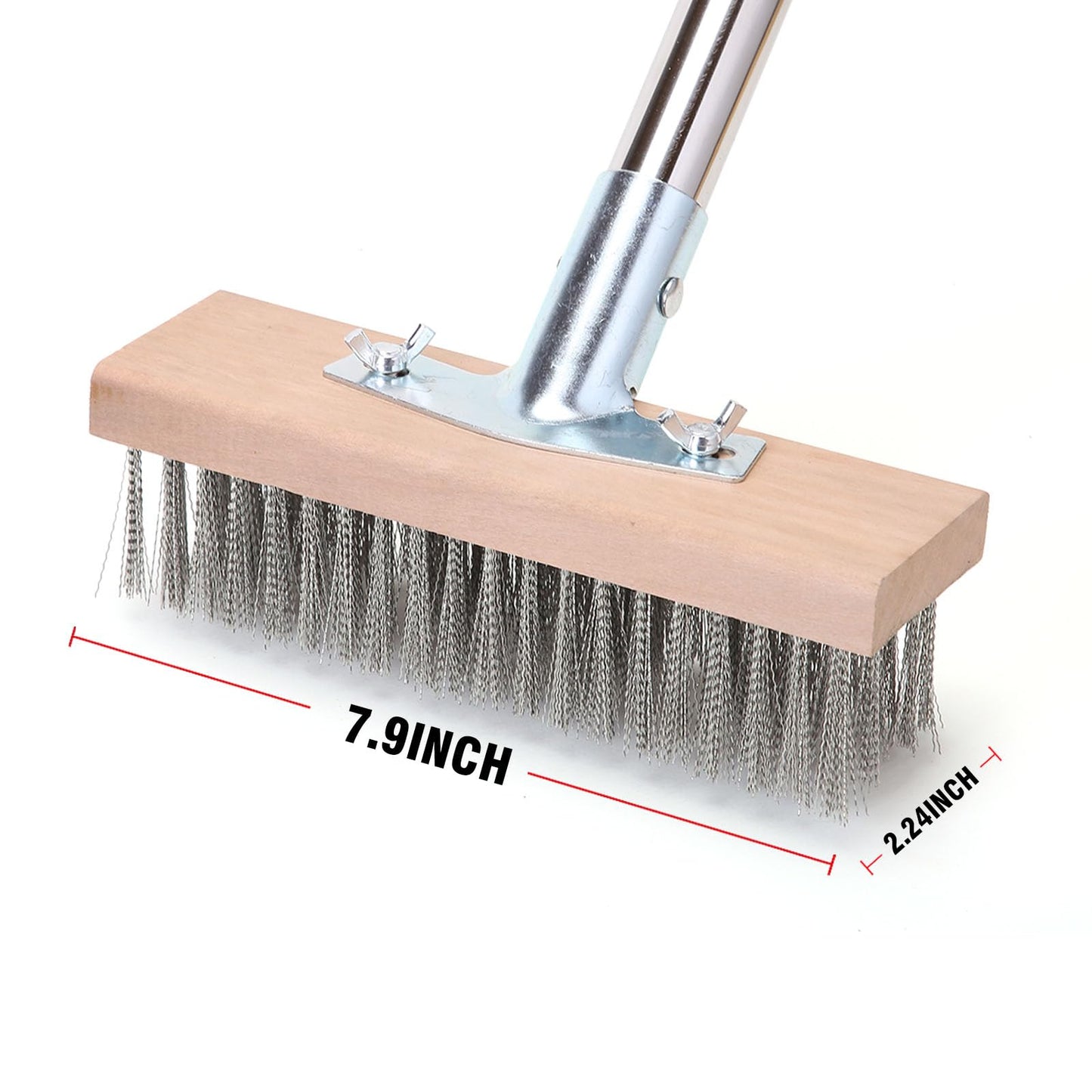 Stainless Steel Wire Scrub Brush with 63" Long Handle, 2PCS 8" Brush Heads, Heavy Duty Large Wire Brush, Stiff Metal Bristle Floor Scrubber, Patio Floor Cleaning, Wire Broom for Concrete, Deck, Moss