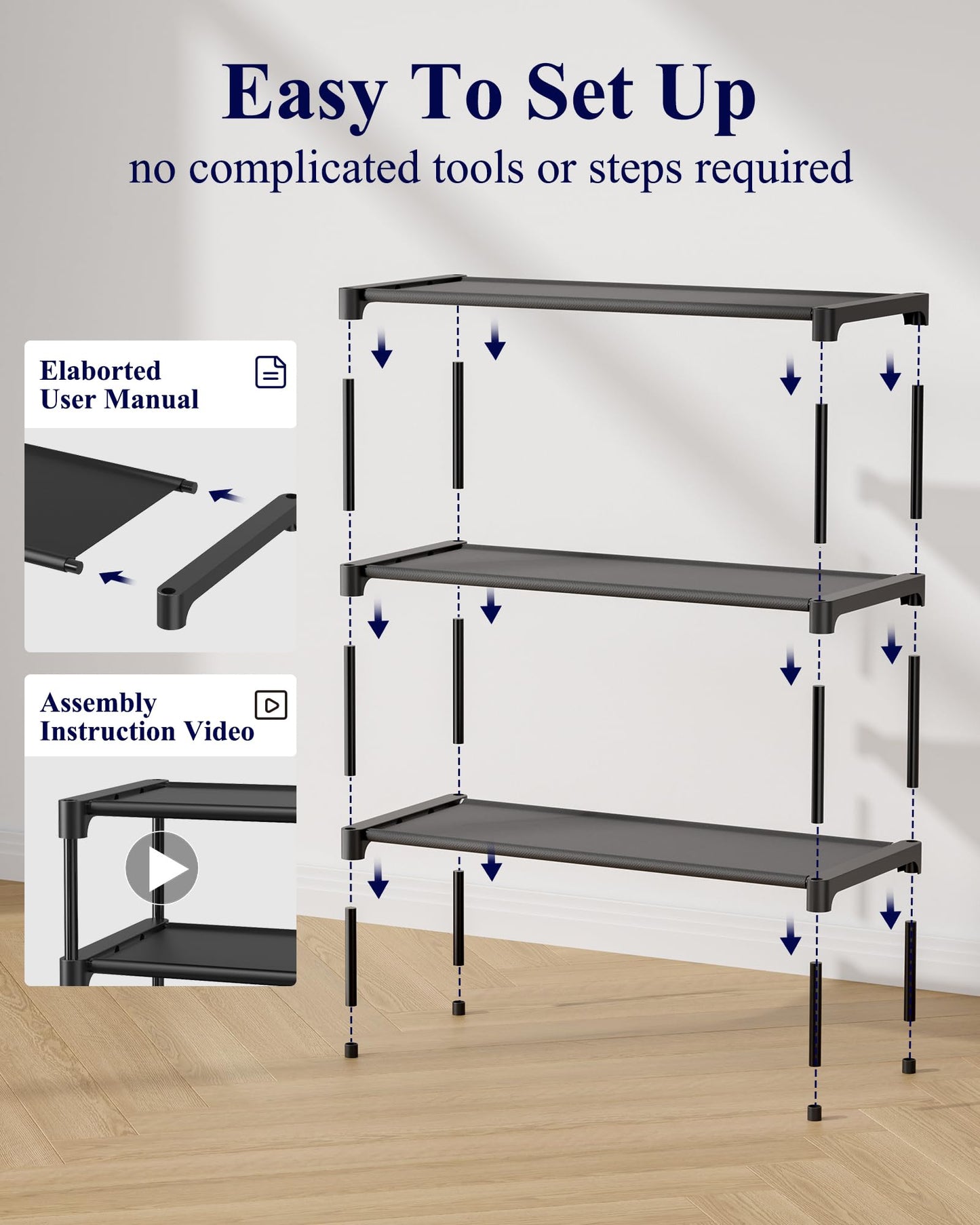 Kitsure Shoe Rack - Non-Woven Shoe Rack Shelf, Shoe Organizer for Closet, Entryway, Garage & Corridor, Stackable Shoe Shelves, 27.5" Wide - 3 Tier, Black