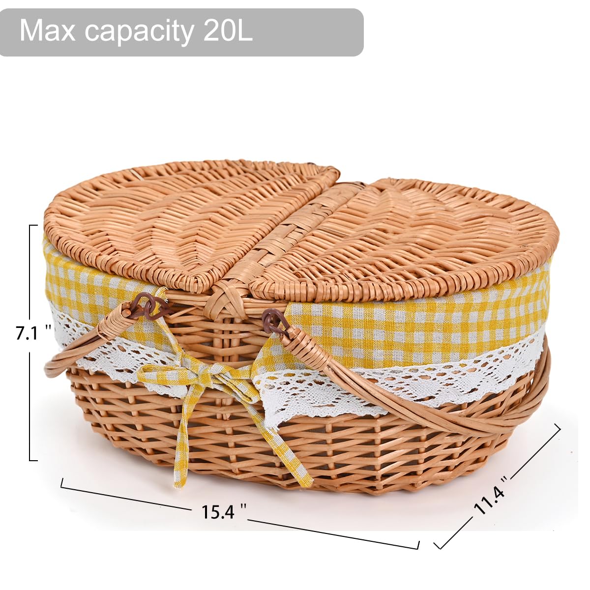 Large 15.4" Wicker Picnic Basket with Removable Liner Empty Picnic Baskets with Lid, Picnic Hamper with Foldable Handles for Picnic, Yellow Checkered, Large