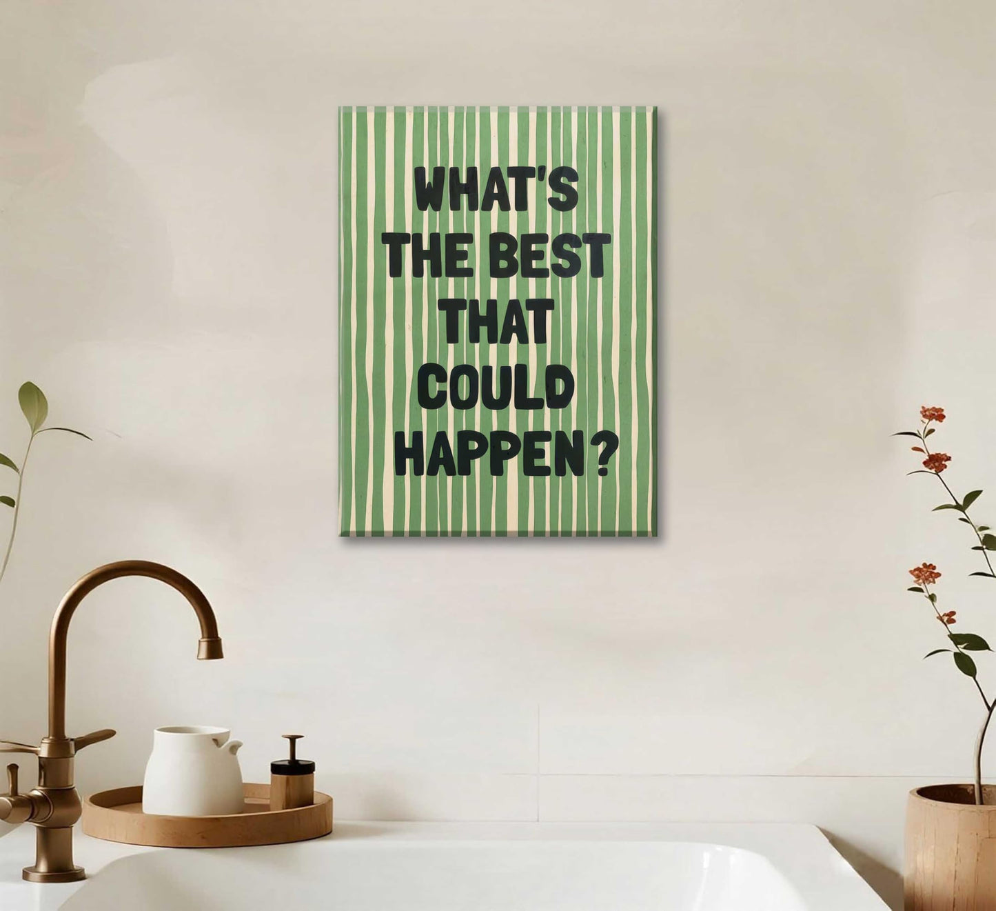 What's The Best That Could Happen Wall Art Green Striped Positive Quotes Canvas Wall Decor Funky Preppy Picture Prints Inspirational Quotes Poster Painting for Bedroom Living Room Picture Framed
