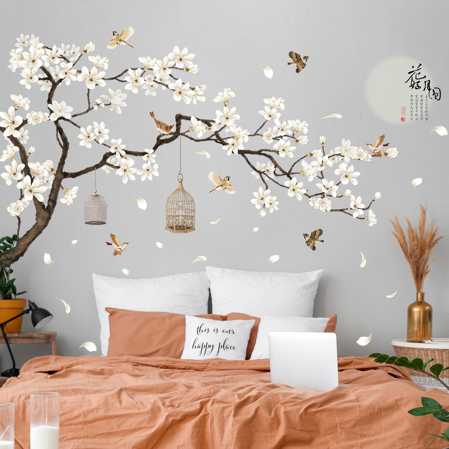 Chinese Style White Flowers Black Tree and Flying Birds Wall Stickers Removable DIY Wall Art Decor Decals Murals for Kids Nursery Offices Home Walls Bedroom Study Room Wall Decaoration, 50inchx74inch