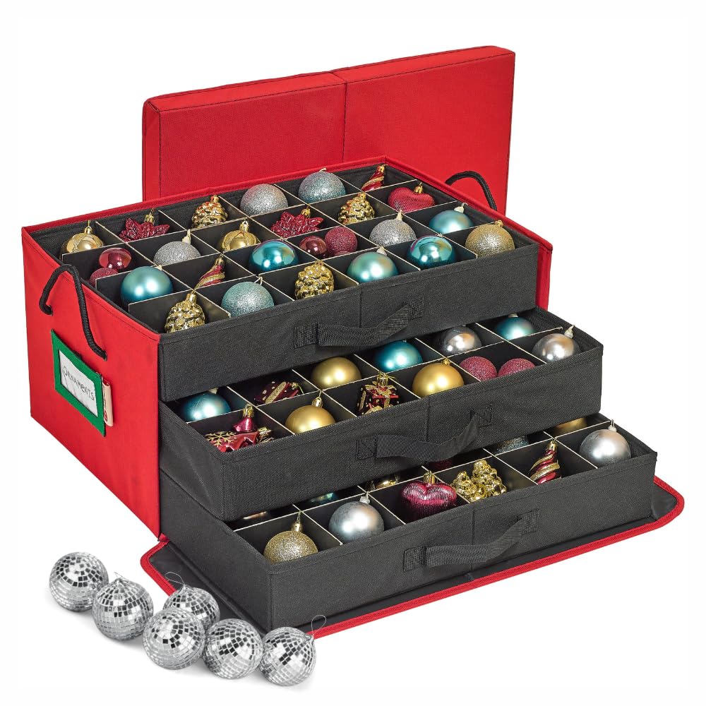 HOLDN’ STORAGE Christmas Ornament Storage Box with Dividers, Holds 72 Ornaments (3 Inch), Large Ball Storage Container with 3 Removable Trays, Durable and Portable - Red
