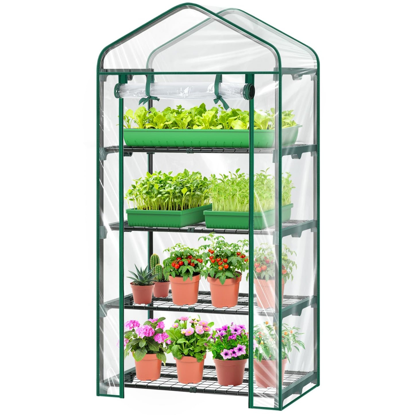 Mini Greenhouse for Outdoors Indoor: 27 x 19 x 62-Inch Ohuhu Small Green House with 4 Tier Shelves, Portable Plastic Greenhouses with Heavy Duty Transparent PVC Cover for Seedling Patio Porch Balcony