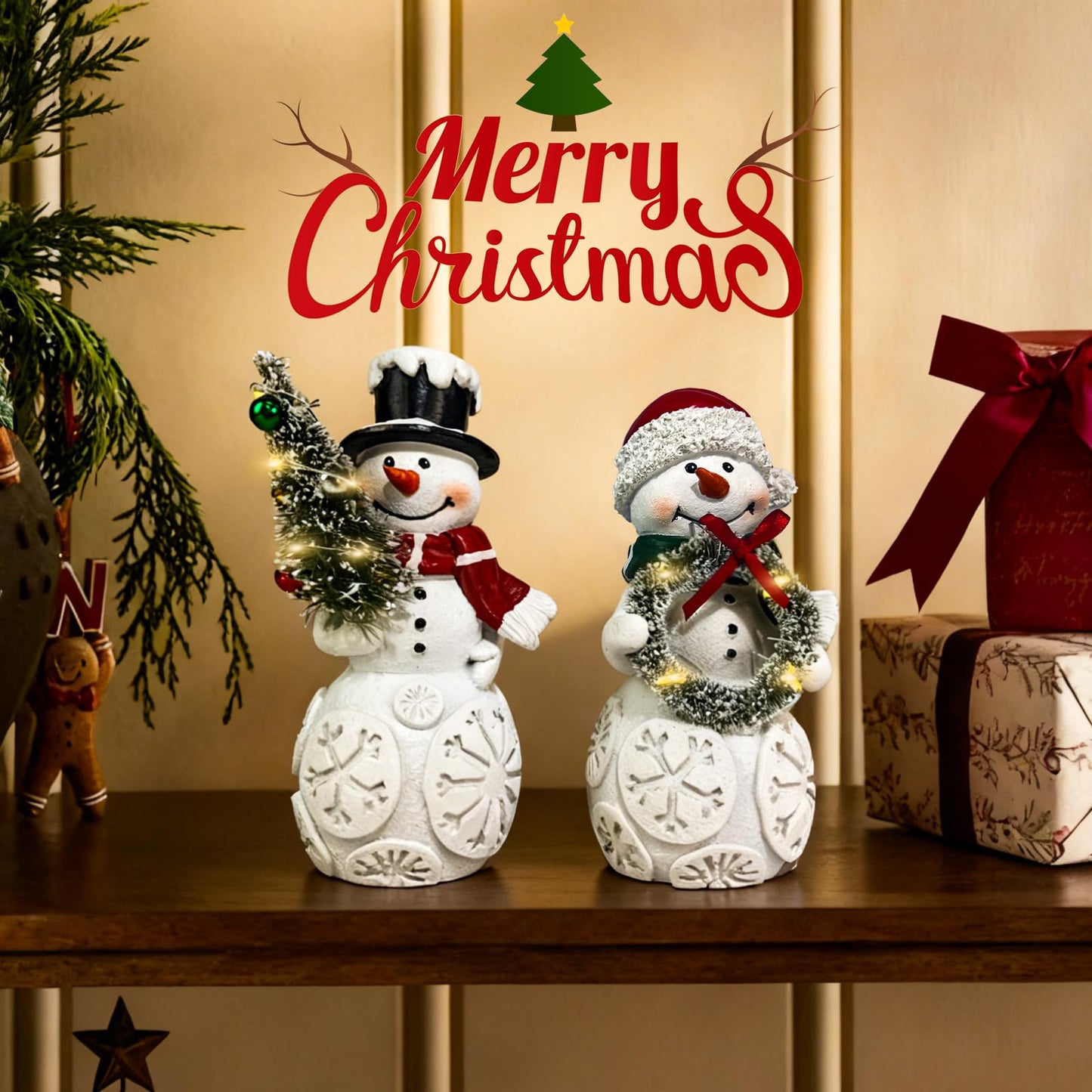 LFLKPY Snowman Christmas Decorations Set of 2 with LED Lights, Resin Light Up Snowman Figurines with Tree & Wreath, Battery Operated Holiday Tabletop Decor for Xmas Home, Mantel, Shelf, Gift