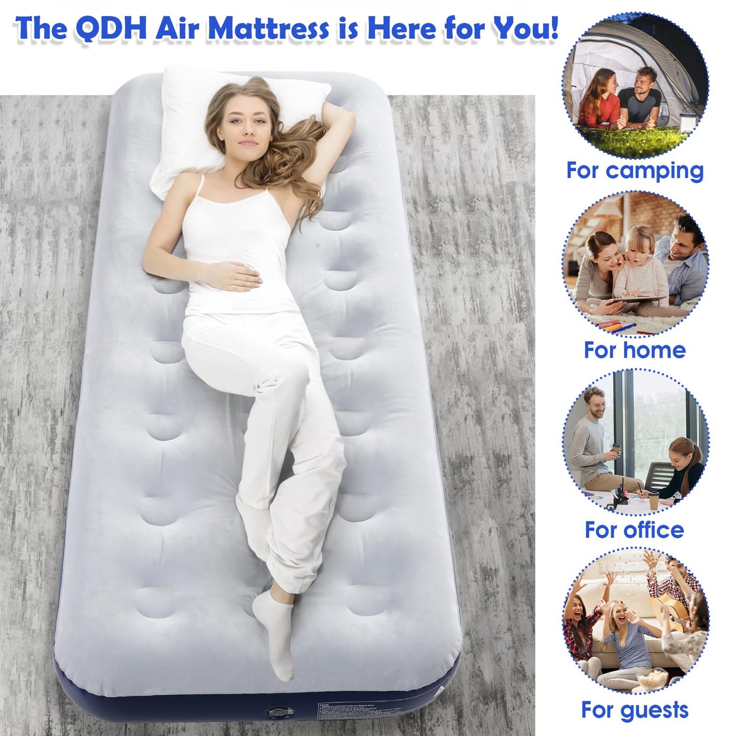 QDH Camping Air Mattress Inflatable Air Bed Flocked Surface Travel Bed Sleeping Pad Air Bed for Outdoor Camping Tent Guest Travelling(2 PCS)