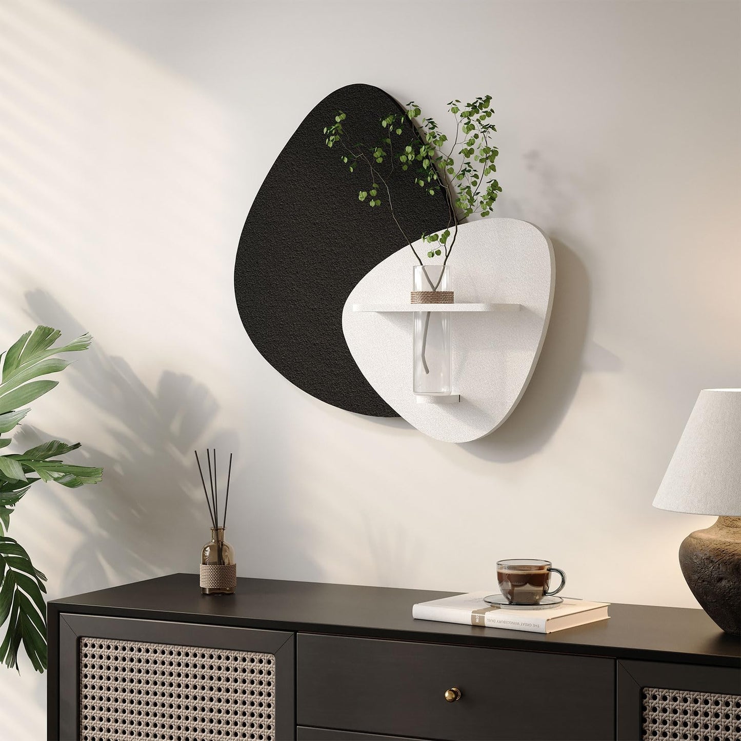 Cuspin 3D Textured Black and White Wall Art with Vase and Shelf, Minimalist Abstract Japandi Paintings Wall Decor, Modern Artwork for Living Room Dining Bedroom Hallway Office Bathroom Home Decor