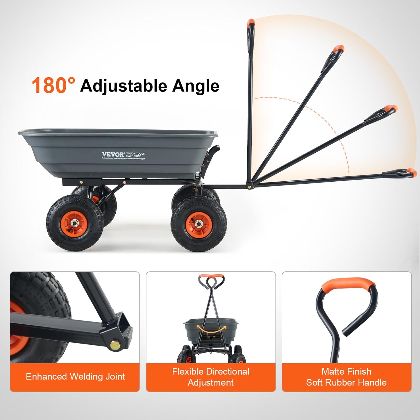VEVOR 4 Cu.Ft. 600lbs Poly Garden Dump Cart, Heavy Duty 4 Wheel Wheelbarrow Yard Cart Dump Wagon with 10in All Terrain Wheels, Steel Frame and Quick Release System