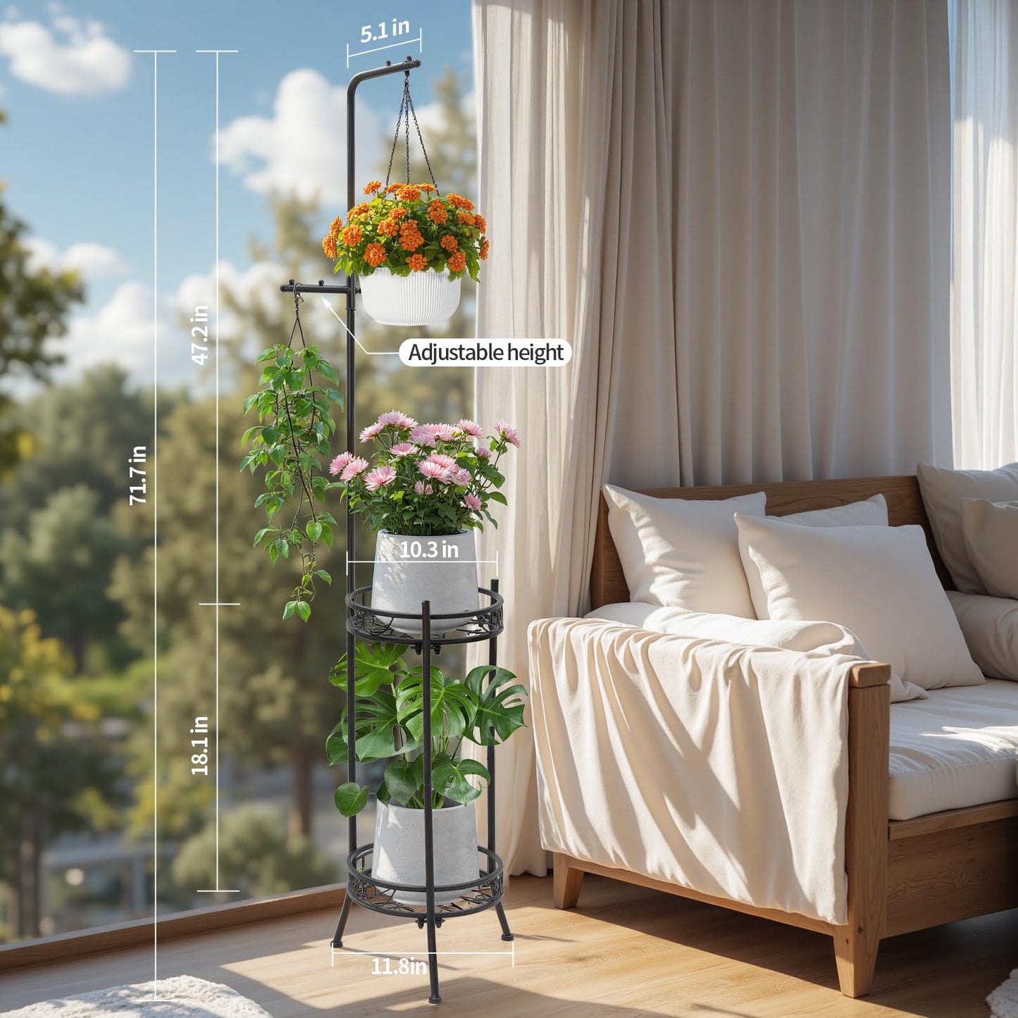 CZWL&HG Hanging Plant Stand Adjustable 2-Tier 72" Metal Shelf -Tall Indoor/Outdoor Plant Rack with Hangers for 4 Potted Flowers, Corner Shelf for Living Room & Patio (Gold)