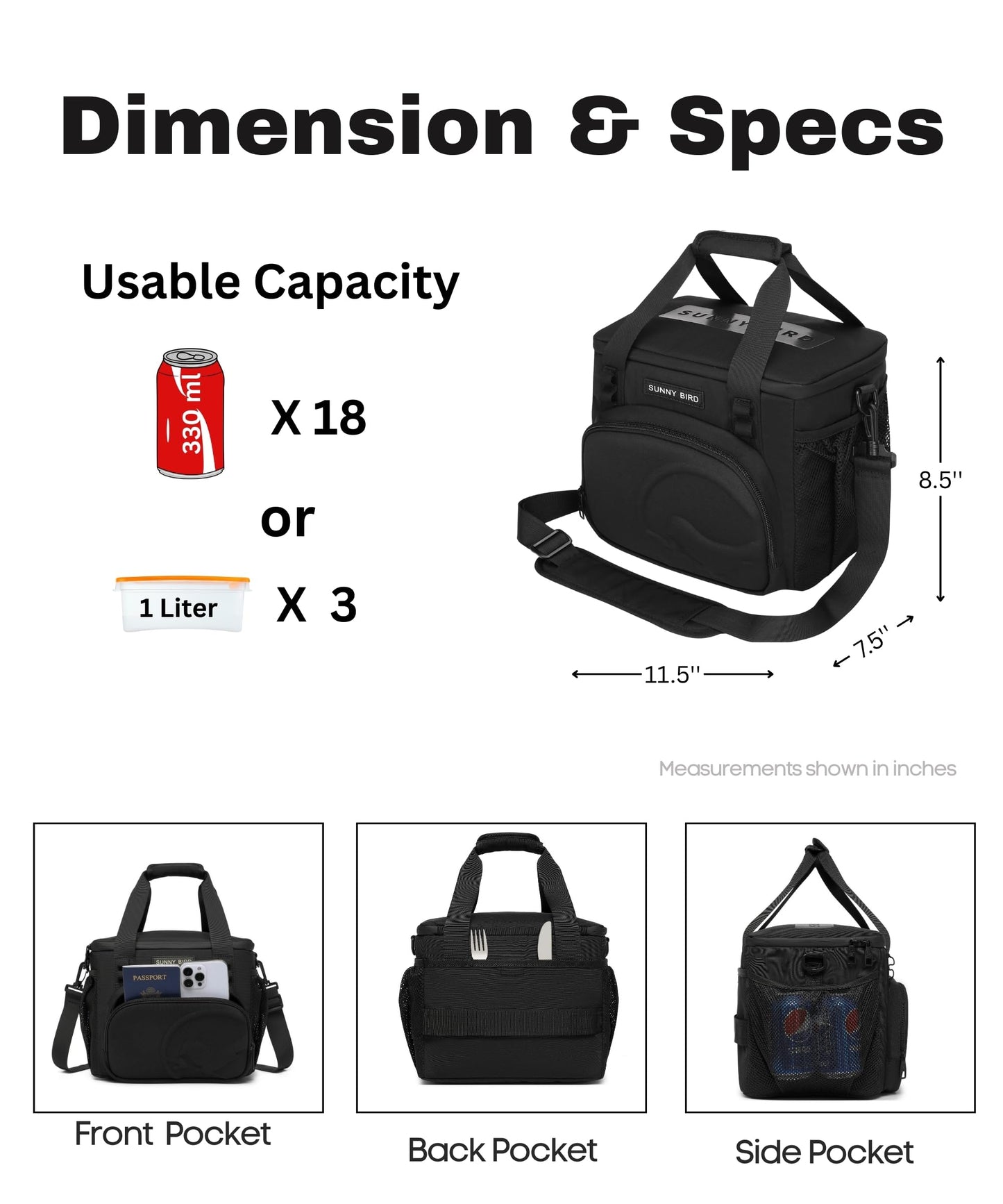 SUNNY BIRD 12L Large Insulated Lunch Bag, Leakproof and Foldable Lunch Cooler Box for Women Adult and Men, Fits 18 Cans (Black 01)