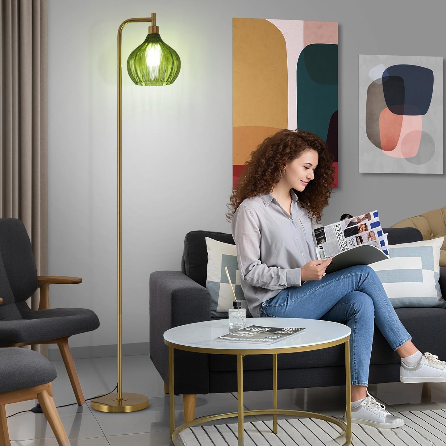 EIDISUNY Floor Lamp for Living Room, Modern Standing Lamp with Remote, Dimmable, 3CCT, Arc Tall Floor Lamp with Green Glass Lampshade for Bedroom Study Room Office (Bulb Included)