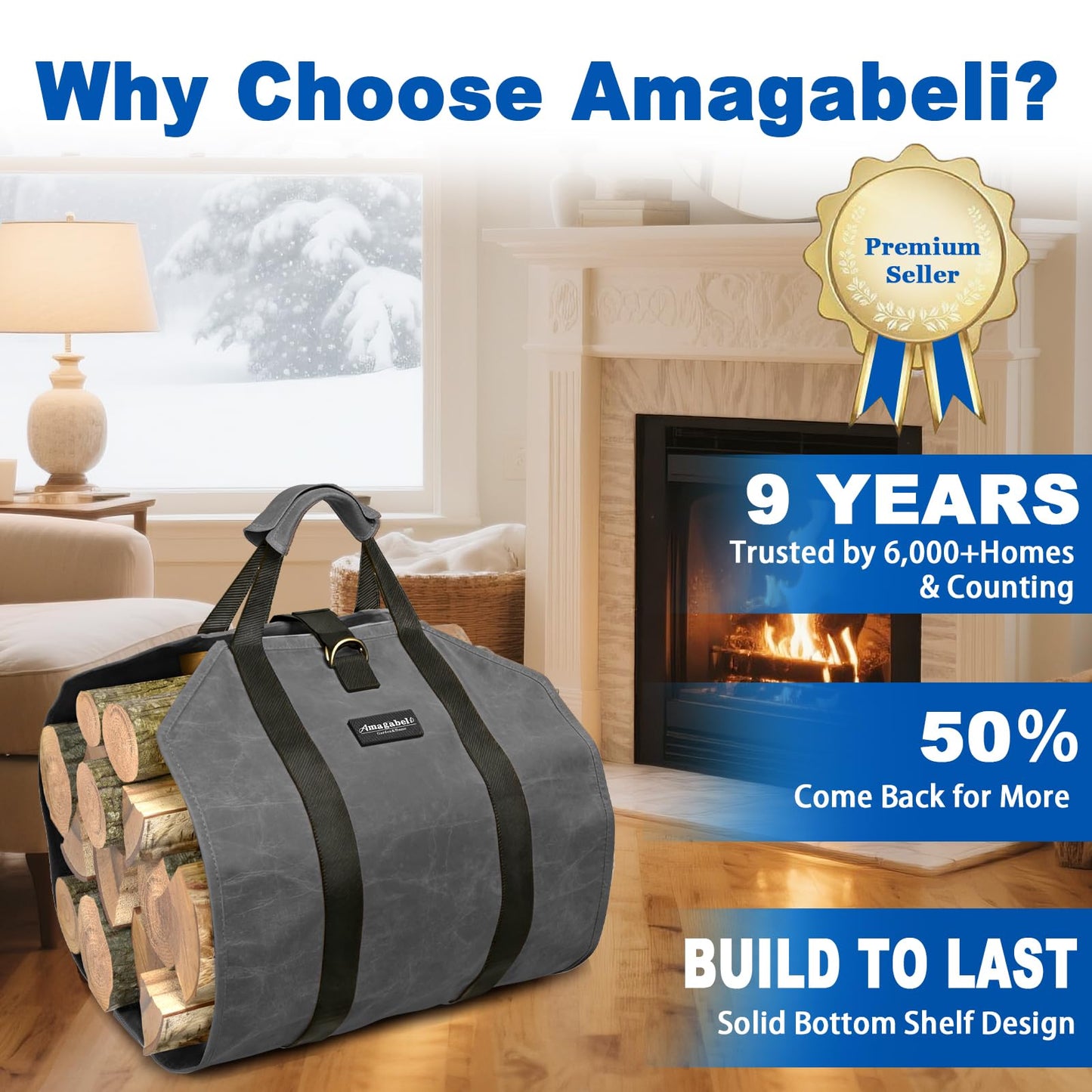 Amagabeli Firewood Carrier Waxed Canvas Log Tote Carrying Bag Heavy Duty Fire Large Wood Fireplace Carrier Bag with Handles for Camping Firewood Log Holder Wood Sling Cabin Stove Accessories Grey