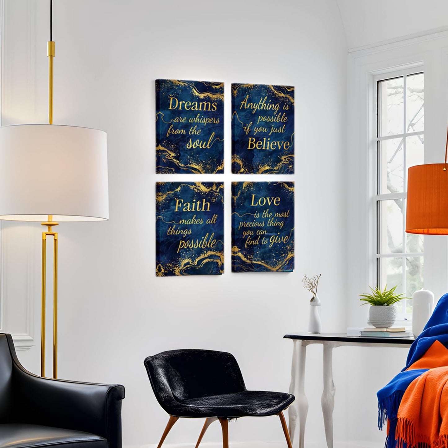 LevvArts Inspirational Wall Art Love Faith Believe Dream Wall Decor Motivaional Encouraging Canvas Prints Blue and Gold Pictures Decoration (Blue)