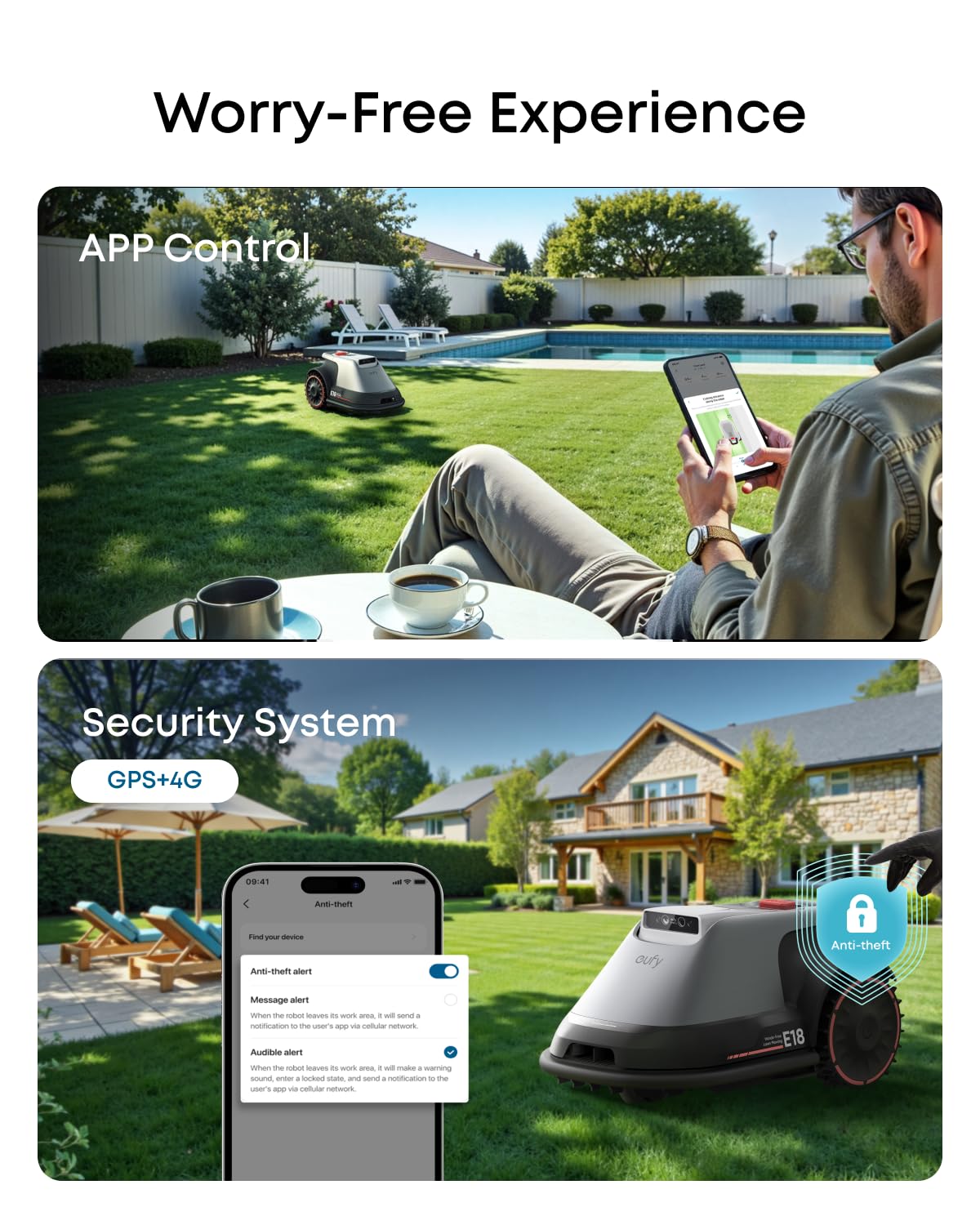 eufy E18 Robot Lawn Mower, Max 0.3 Acres, Vision Navigation, Hands-Free Auto Mapping, Wire Free RTK Free, Multi-Zone Management, AI Obstacle Avoidance, APP Control, 18° Slope, Cut Height 1"-3"
